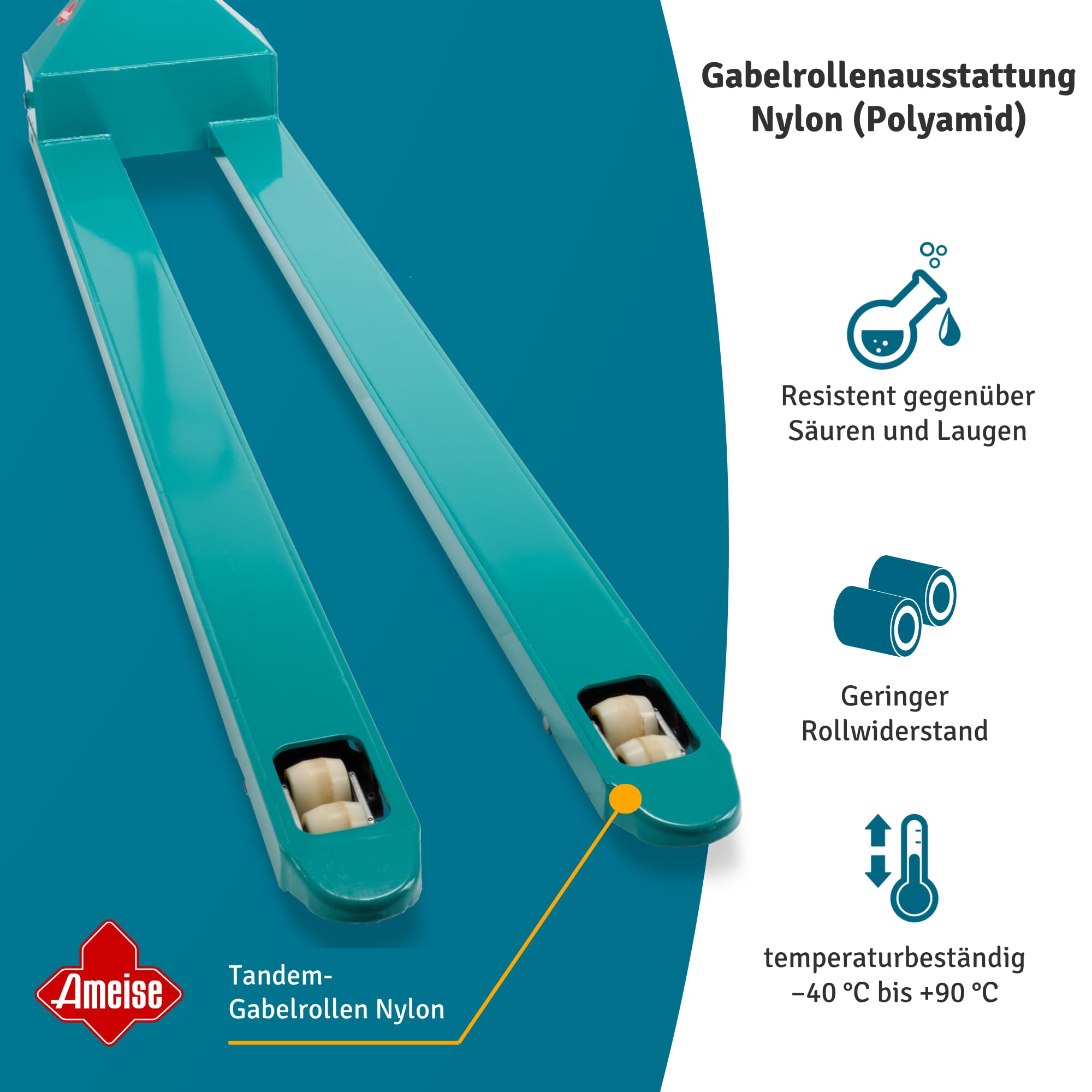 Ameise Hubwagen PTM lang| 2.000 kg Tragkraft | 2.500 mm Gabellänge | Lenkrad aus robustem Polyurethan | verschleißarme Nylon Tandem-Gabelrollen | Palettenhubwagen