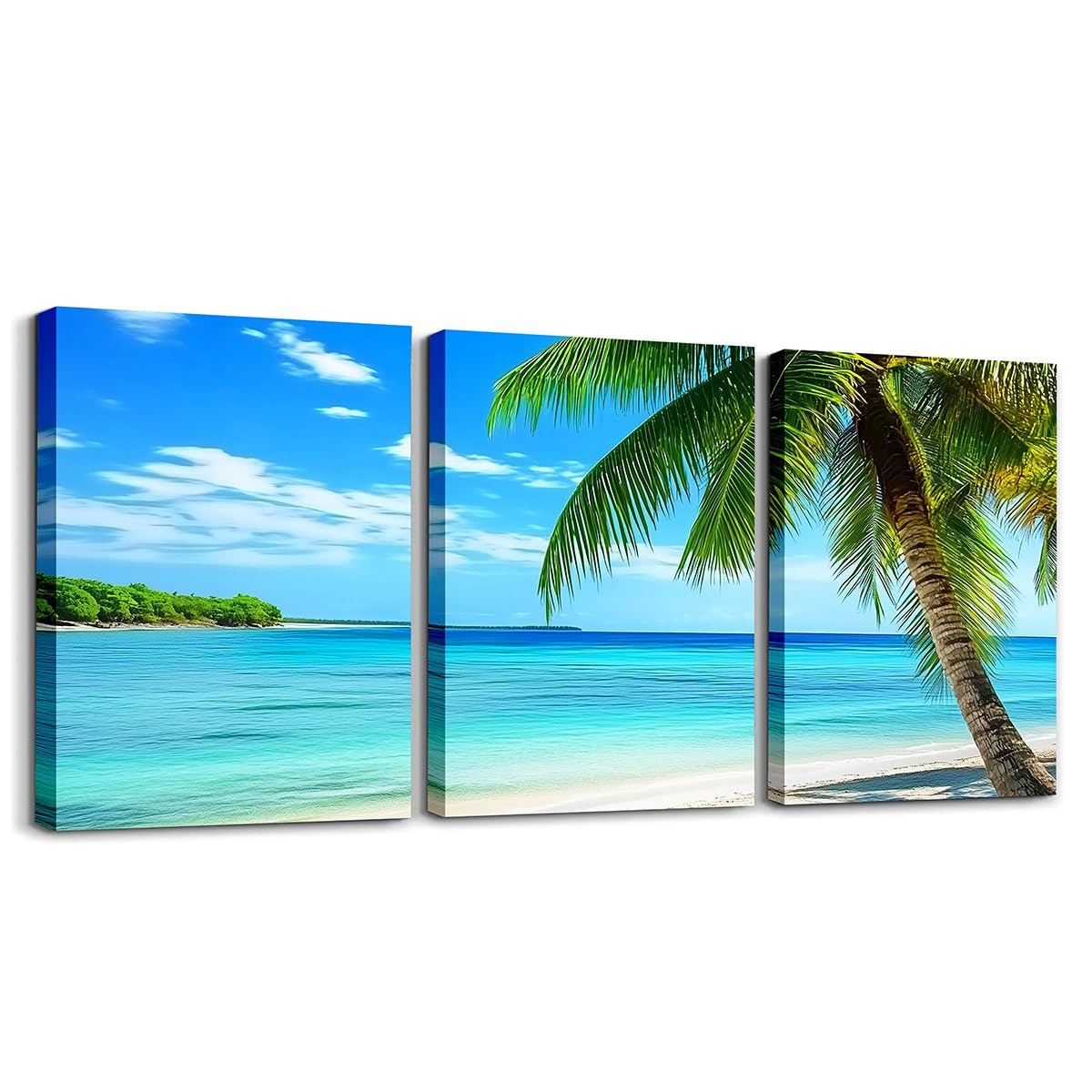 jejeloiu Ocean 3 Piece Canvas Wall Art 12"x16"x3pcs Beach Palm Tree Picture Wall Decor Coastal Nautical Bathroom Wall Art Starfish Seashell Conch