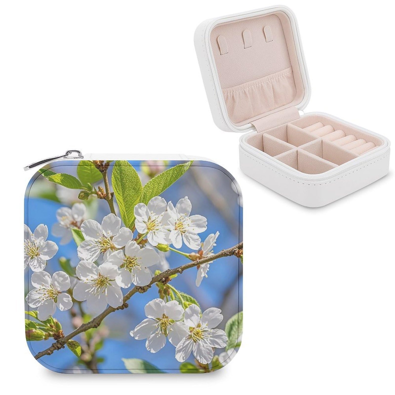 LZQPOEAS Beautiful Spring Cherry Blossoms Jewelry Box Mini Jewelry Travel Case Trendy Stuff Ring Box Custom PU Leather Jewelry Boxes Portable Jewelry Case Earring Storage Organizer for Girls Women