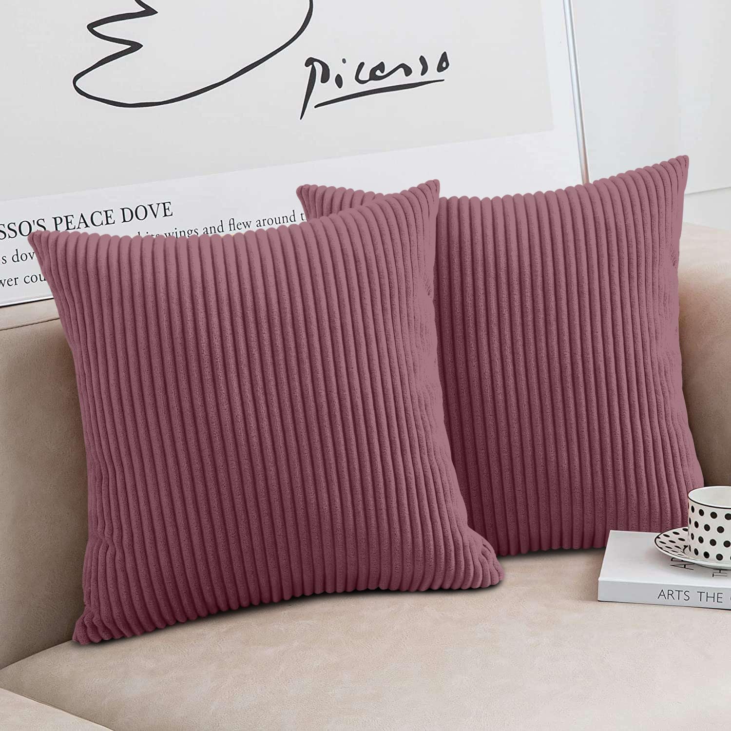 Moonlight Bedding Pink Corduroy Cushions With Covers Included Pack Of 2 (2 Covers, 2 Inserts) 45 X 45 Cm Decorative Stripe Throw Pillow Cases With Invisible Zipper For Living Room Bed Sofa