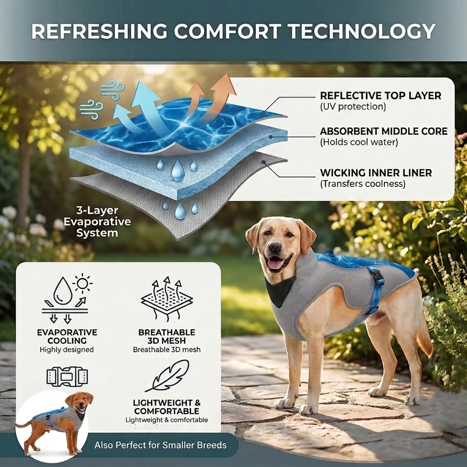 Verbesserte Hundekühlweste mit reflektierenden Streifen - Sonnenschutzjacke für kleine, mittlere und große Hunde, atmungsaktives Netzgeschirr für Laufen, Sommersport und Reisen, Blau S
