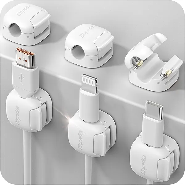 6Pack Cord Organizer, Chfeila Compact Dual Spring & Clasp Lock Cable Management Clips, Adhesive Phone Charger Keeper, Wire Holder for Nightstand/Wall/Car, Home Office Desk Accessories Decor Essentials