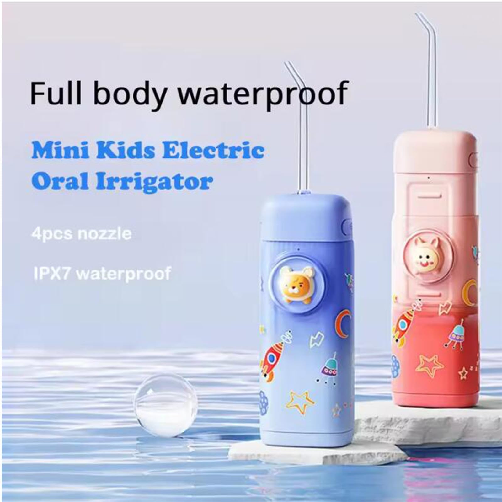 Irrigador bucal para niños, 2 modos, irrigador dental portátil para dientes, 120 ml, IPX7, impermeable, con 4 boquillas reemplazables, color rosa