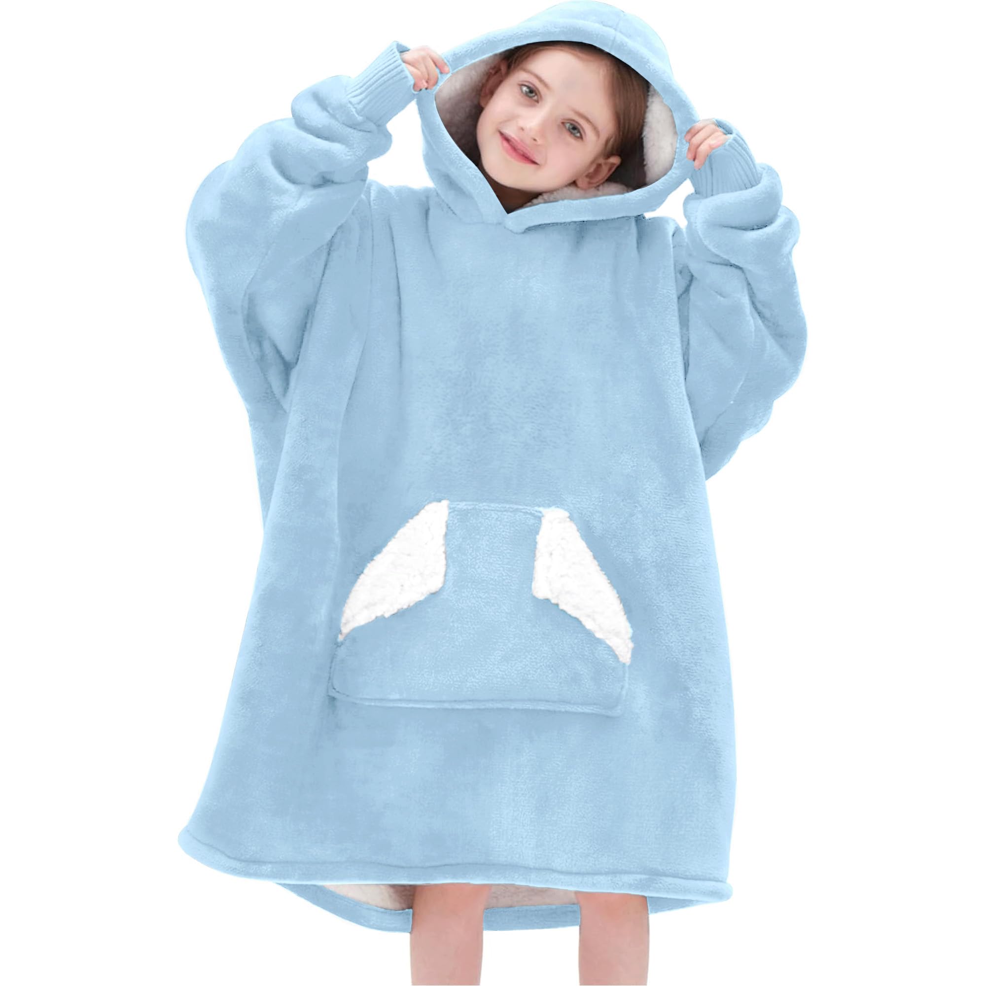 Touchat Wearable Blanket Hoodie, Oversized Sherpa Blanket Sweatshirt with Hood Pocket and Sleeves, Super Soft Warm Plush Hooded Blanket for Kids, One
