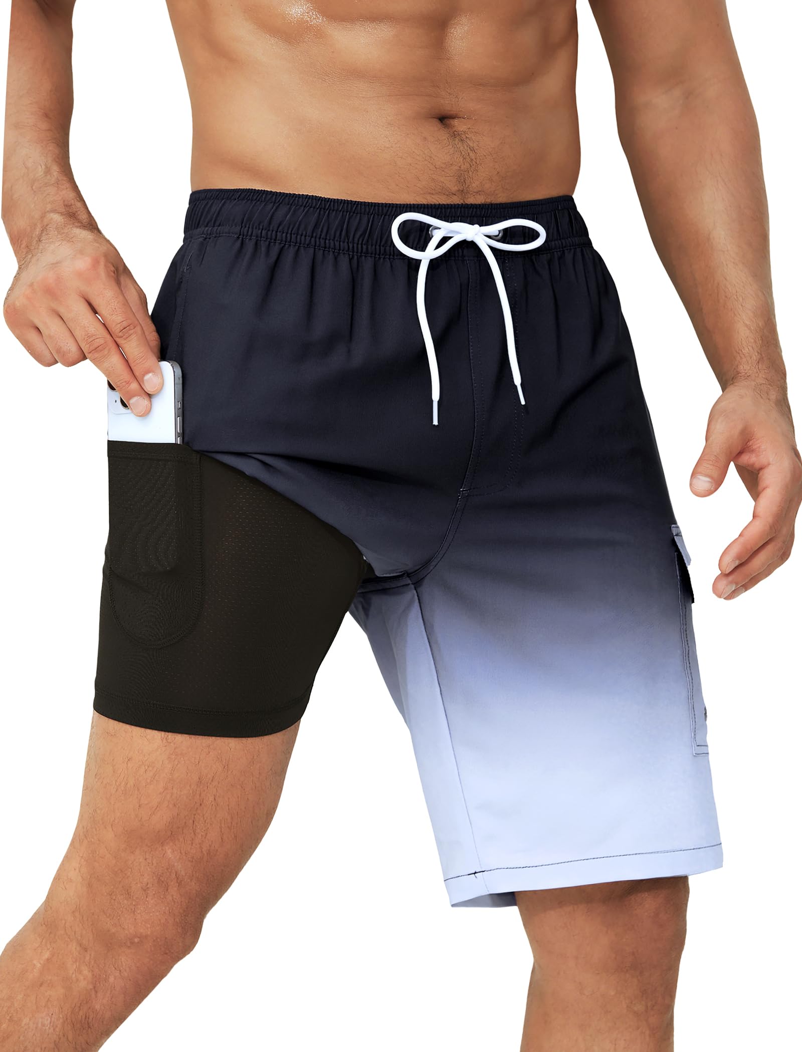 SILKWORLD Men's Swim Trunks with Compression Liner Quick Dry Bathing Suits 9 Inch Swimming Shorts with Cargo Pockets