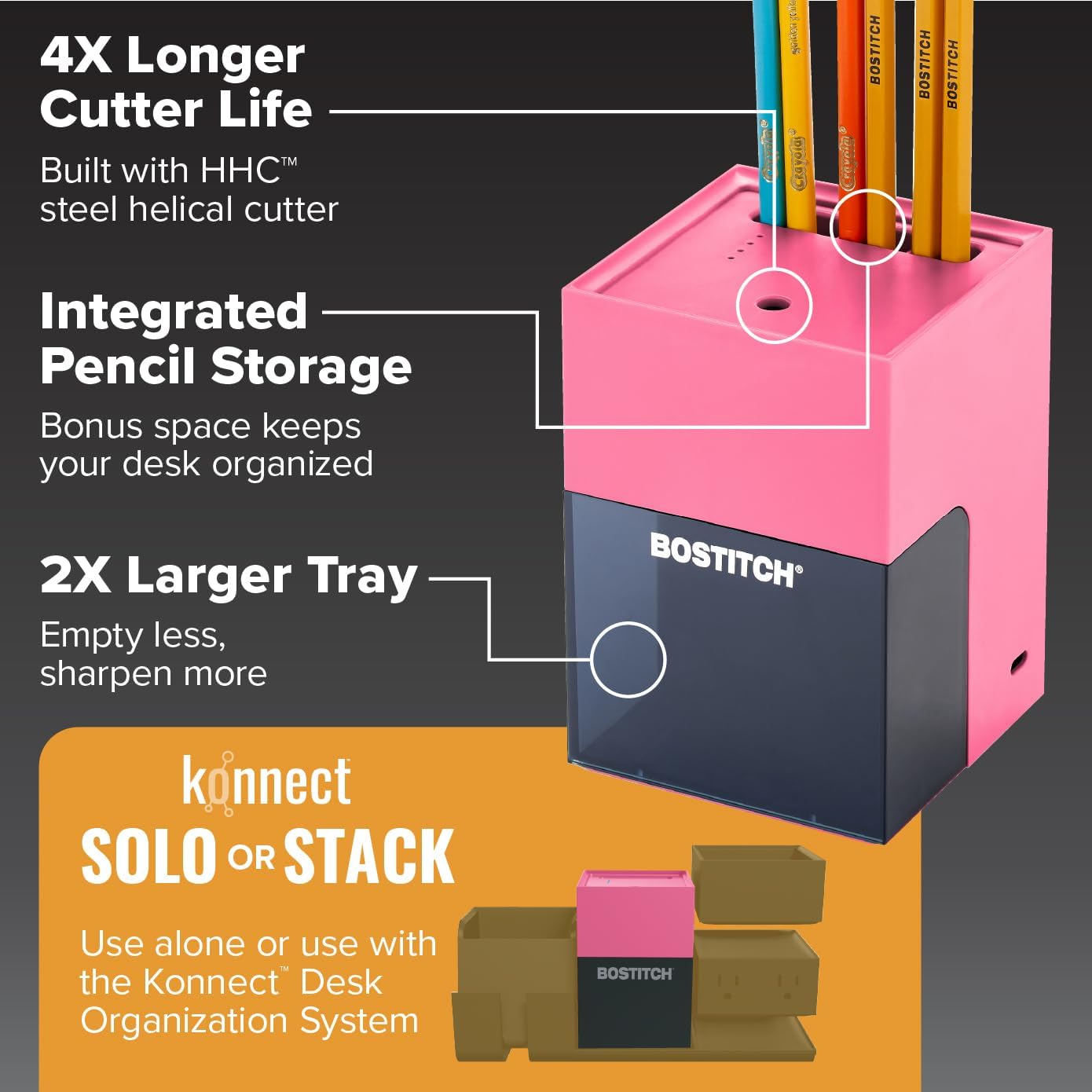 Bostitch Konnect Rechargeable Pencil Sharpener (USB-C), Auto-Stop Helical Cutter, Portable Electric Sharpener for No.2/Colored Pencils, Home, Office, Classroom, Pink