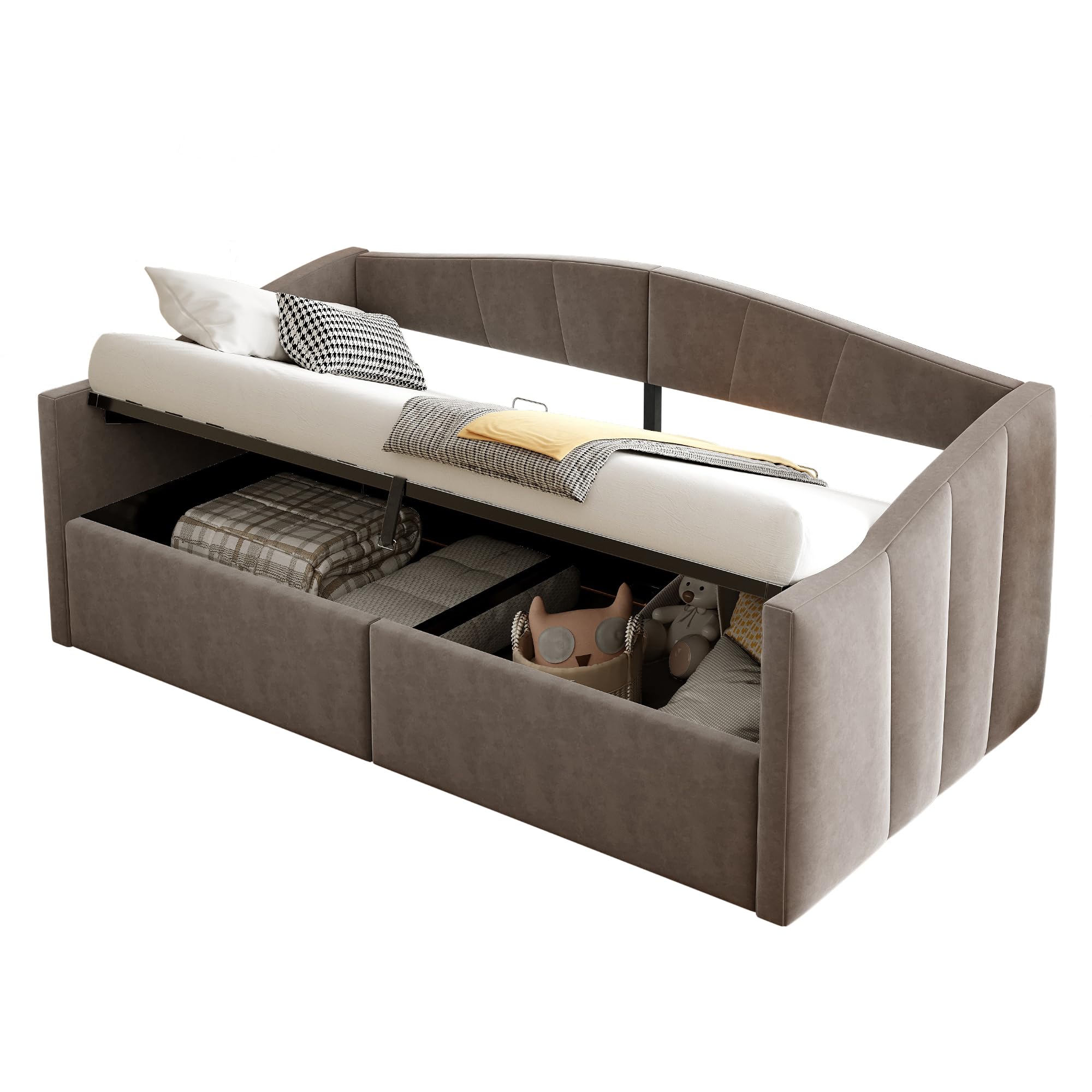 Schlafsofa Tagesbett 90x200 cm mit Hydraulischer Stauraum, Schlafcouch Bettgestell mit Lattenrost und Armlehnen, Sofabett mit Klassisch Gestreift, Samt, Grau, Ohne Matratze