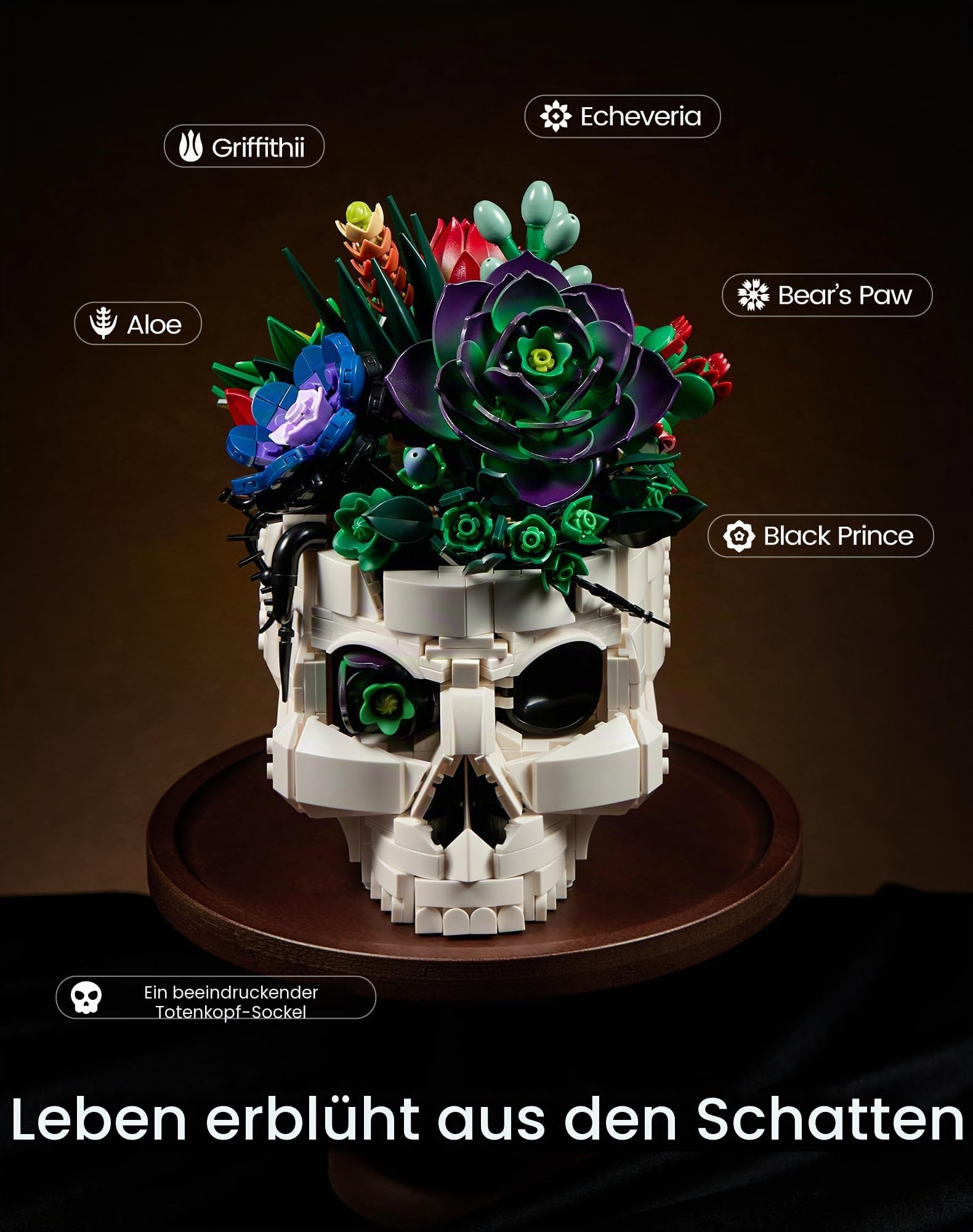 Botanicals Sukkulenten Bauset mit Totenkopfvase - Künstliche Pflanzen Blumen Bauset für Erwachsene Frauen & Männer Geschenkidee zum Geburtstag Jahrestag Vatertag Weihnachten - Gothic Dekoration