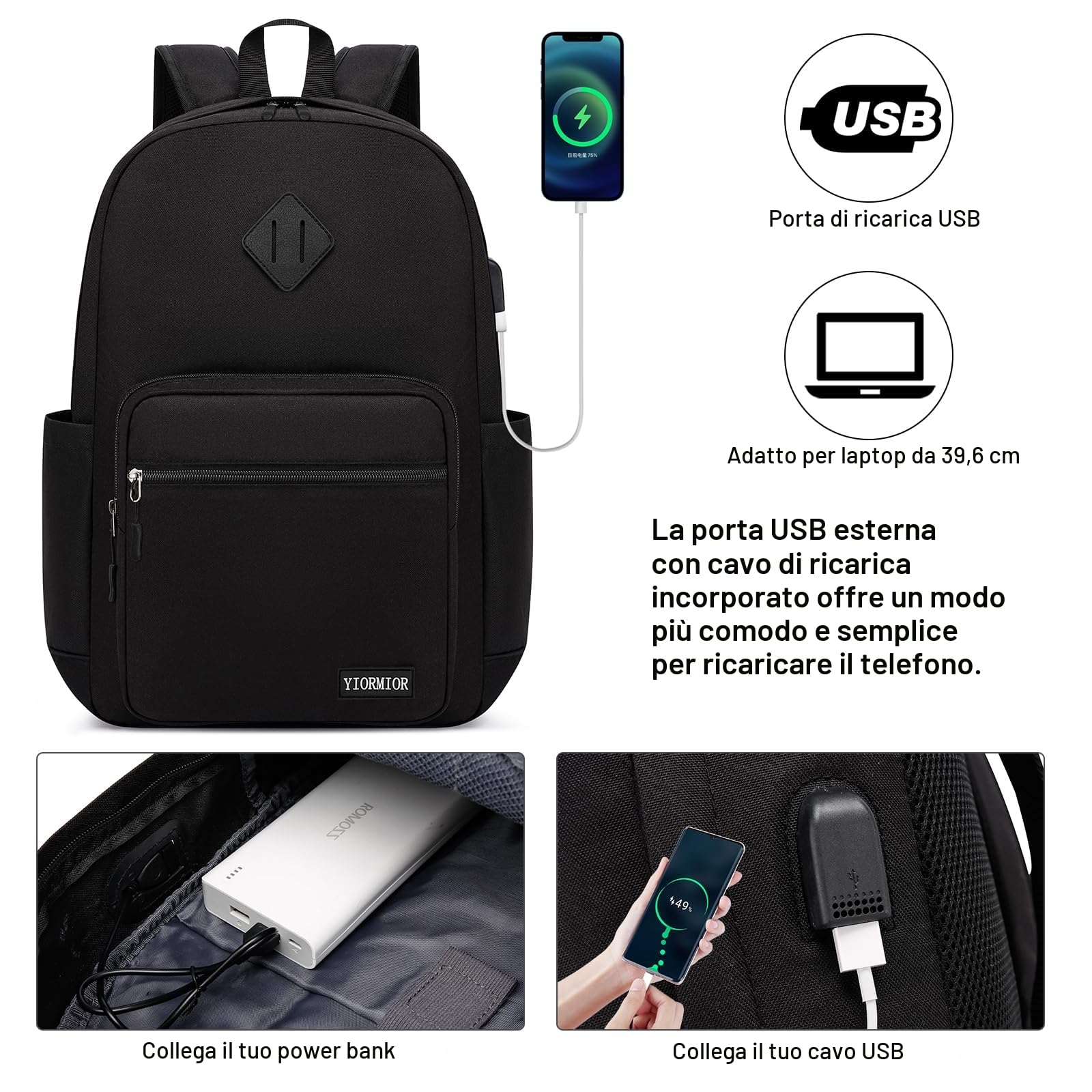 Zaino Scuola Superiore Media università Donna Uomo, Zaino Porta Pc Uomo con Porta USB Impermeabile