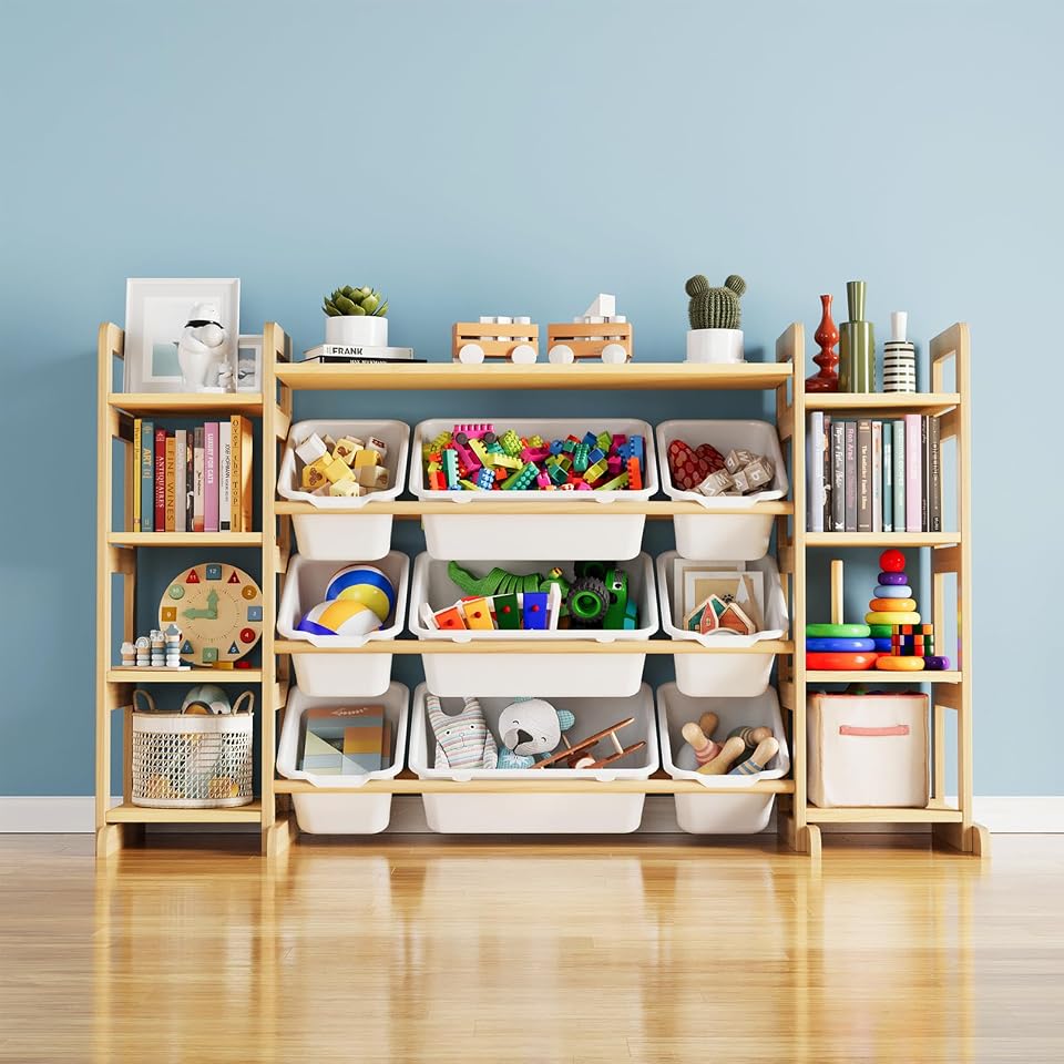 SpaceAid Large Toy Storage Organizer 9 Shelves 9 Bins, Toy Organizers Storage Bookshelf, Kids Bin Shelf Toys Box Bookcase for Bedroom Playroom Organization Room Decor, White