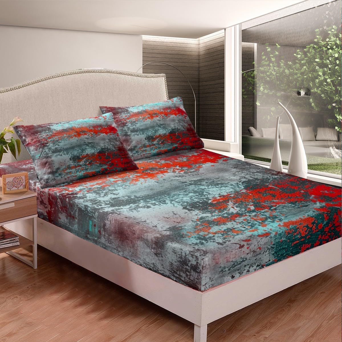 Vintage Abstract Sheet Set Green Grey Red Messy Rust Sheets with Deep Pocket Fitted Sheet Modern Grunge Art Bed Sheets Set Retro Theme Bedding Set Room Decor 4Pcs With 2 Pillow Case Queen Size