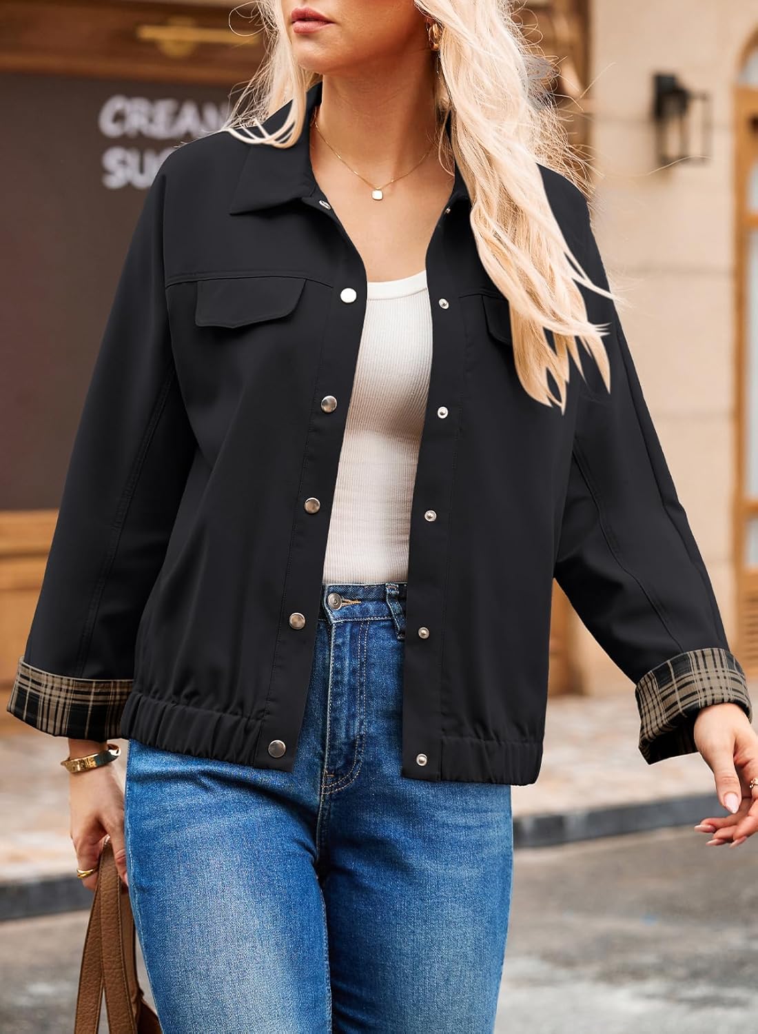 Dokotoo Fall Jackets for Women 2025 Oversized Fashion Snap Button Color Blocked Sleeves Fall Casual Coats - Image 2