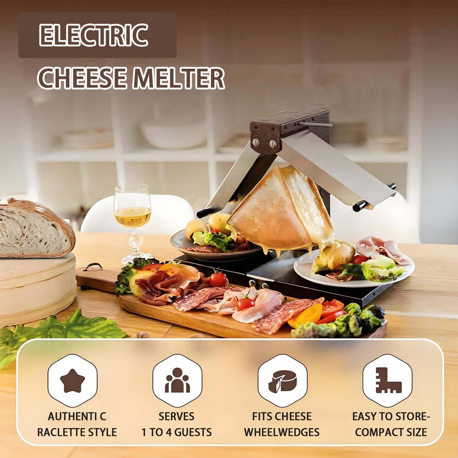 Raclette eléctrica Ajustable de 900 W, fundidora de Queso, Calentamiento rápido, Ajustable de 0 a 90°, Acero Inoxidable, para Medias Ruedas, cuñas y Bloques de Queso.