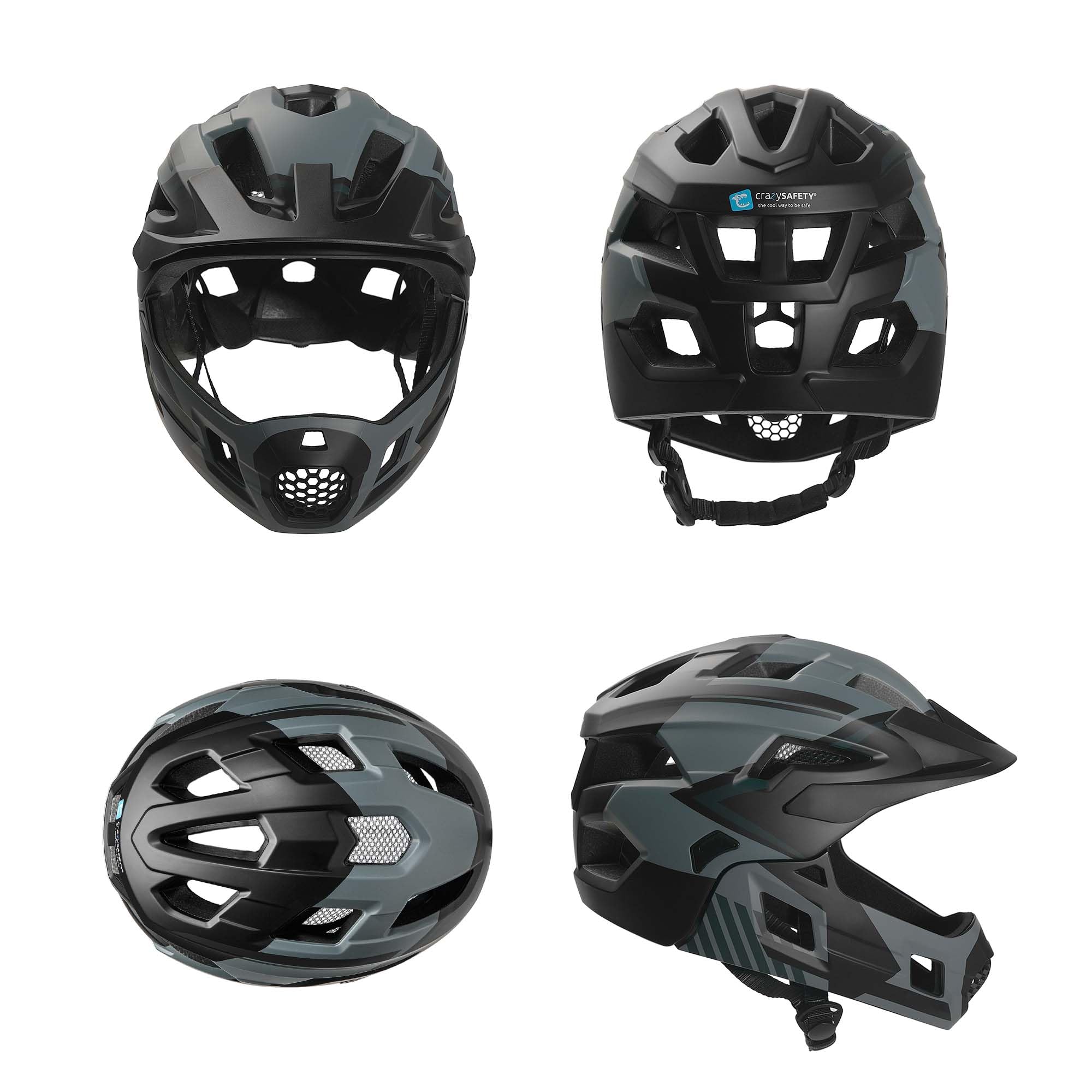 Crazy Safety Casque Vélo Intégral - Gris | pour BMX, VTT, Trottinette | Casque Enfant avec Design 2-en-1 et mentonnière Amovible | Casque de Motocross Taille M 54-57 cm | Léger et Durable
