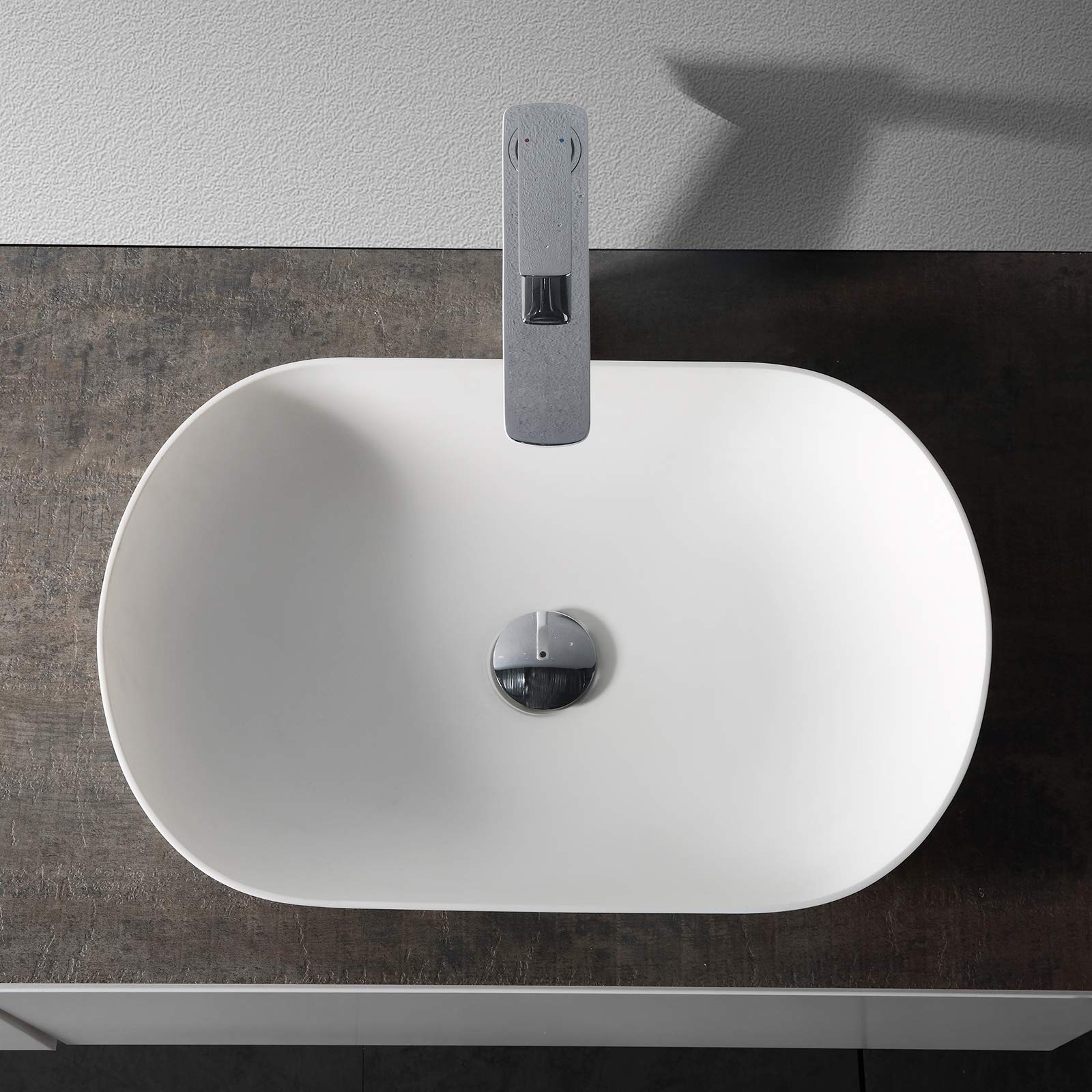 BERNSTEIN Aufsatzwaschbecken O-540 aus Mineralguss Solid Stone – Weiß matt, 54 x 34 x 10,5 cm – Waschbecken – Inkl. Pop-up-Ablaufventil – Waschtisch, Möbelwaschbecken, Handwaschbecken mit Blende