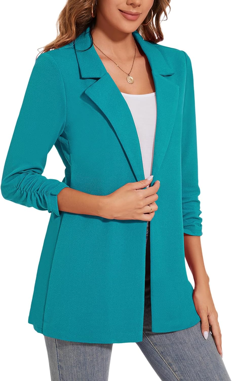 Women's Long Blazer Jackets Button Front Lapel Ruched 3/4 Sleeve Business Casual Office Work Lightweight Blazers - Image 5