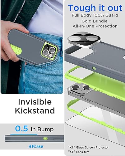 Miniatura 5 de AICase Funda para iPhone 14 Plus con soporte integrado con protector de pantalla de vidrio + lente de cámara, protección contra caídas de alta