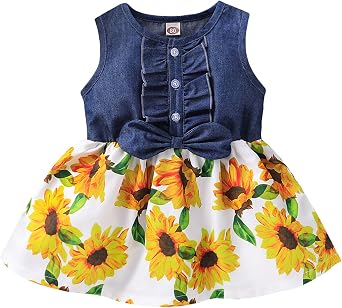 Kucnuzki Toddler Girl Outfits Baby Sunflower Princess Dresses Denim Summer Sleeveless Clothes Jean Tutu Skirts for Girls
