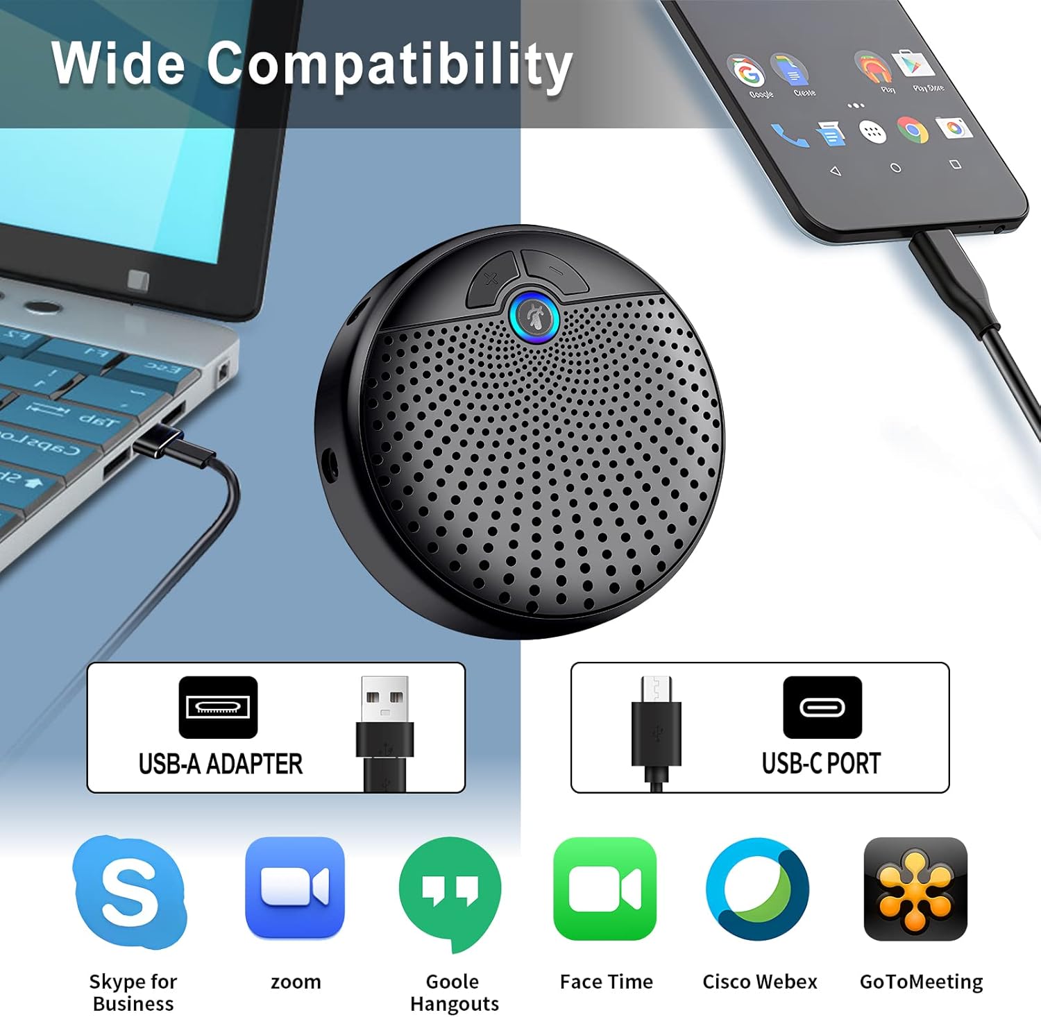 Image showing USB-A and USB-C connections and logos of compatible video conferencing applications