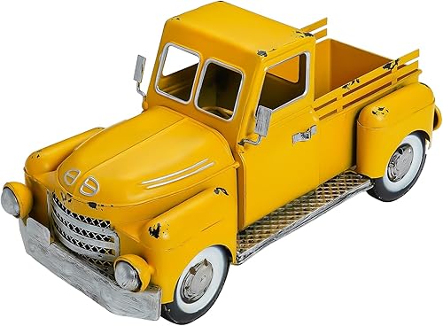 Decoración de metal de camión amarillo de granja, decoración vintage de camión de hierro para exteriores, maceta rústica para recogida, decoración