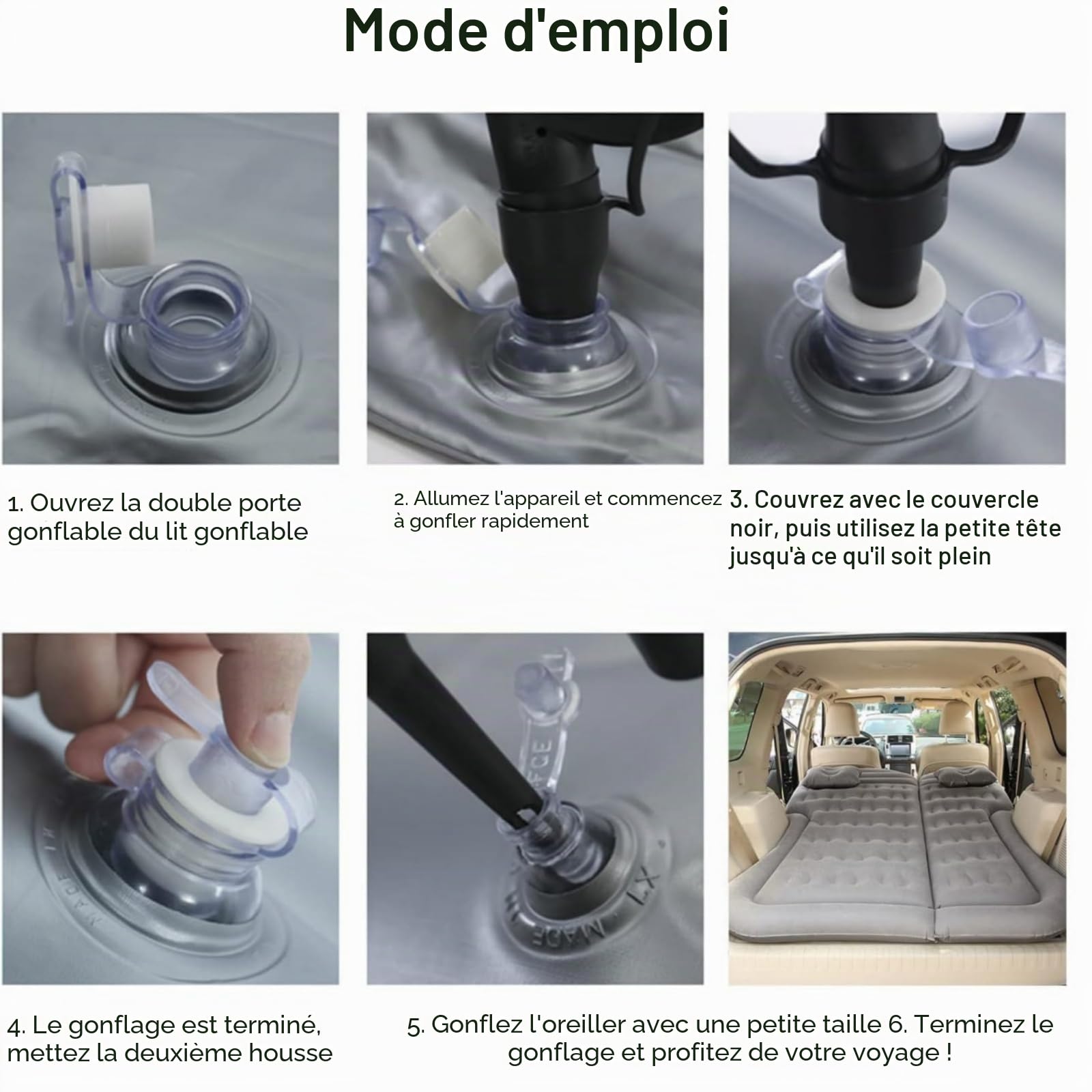 Matelas gonflable pour voiture avec pompe à air et 2 oreillers, matelas d'air universel pour coffre et SUV, camping, voyages, extérieur, 175 cm x 130 cm, couleur gris