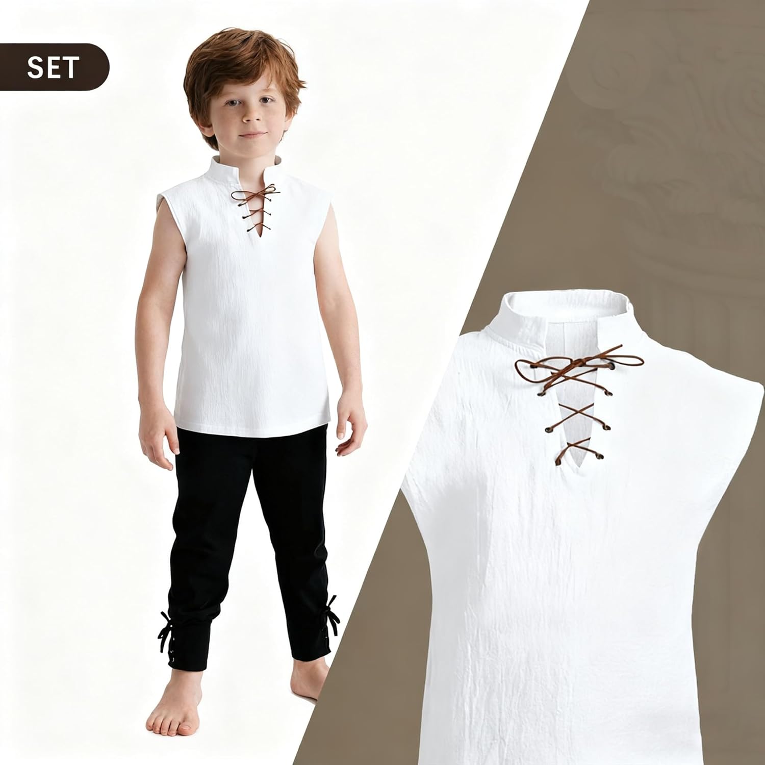 Kids Medieval Sleeveless Tunic Hip-Length Renaissance Pirate Costume Shirt Boys Girls Viking Halloween Top - Image 2