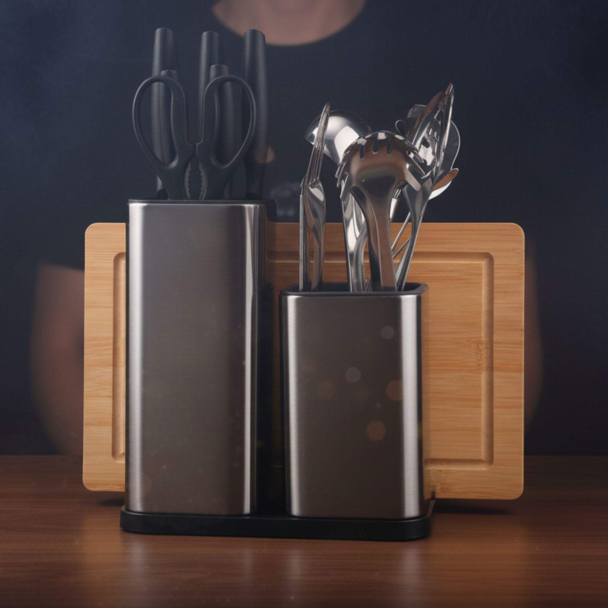 Kit complet de Couteaux et Ustensiles de Cuisine de 17 pièces en Acier Inoxydable avec Couteaux Set Ustensile Support et Planche Kit Ustensiles Cuisine Inox Accessoires de Cuisine