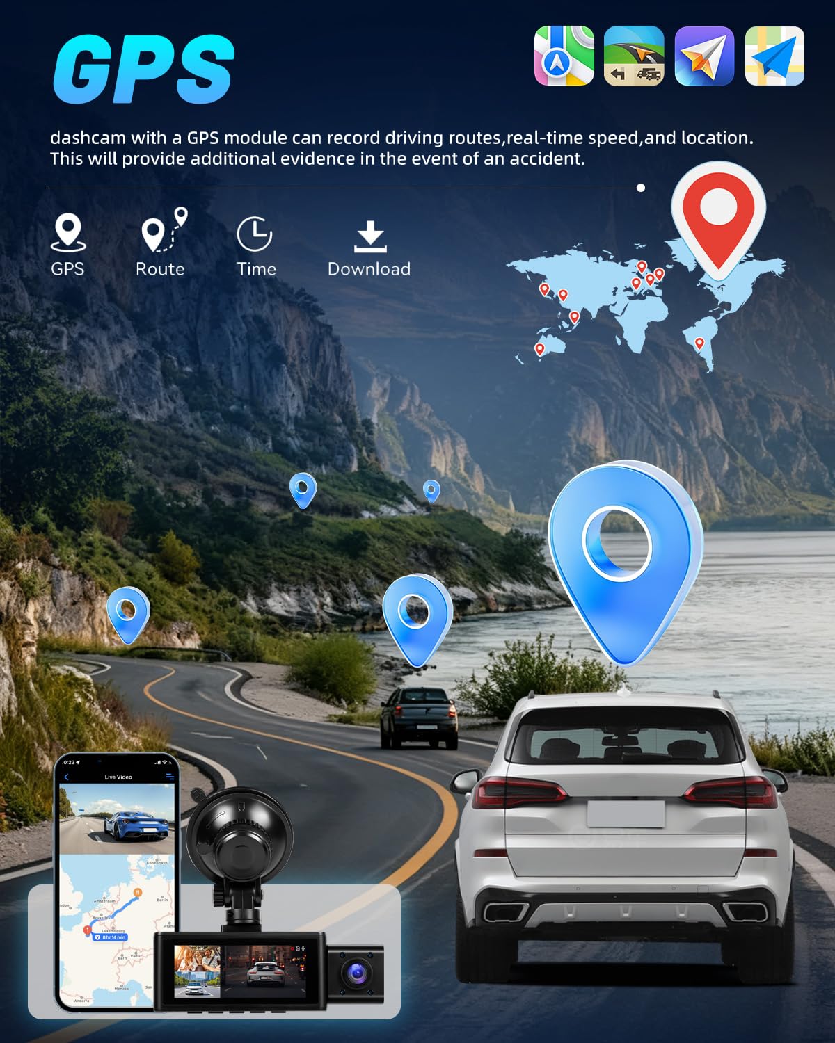 NHOPEEW Dash CAM 360° 2.5K con Cámara Frontal, Interior y Trasera, WiFi GPS Cámara para Coche, Visión Nocturna, Grabación en Bucle, G-Sensor, Tarjeta 64GB