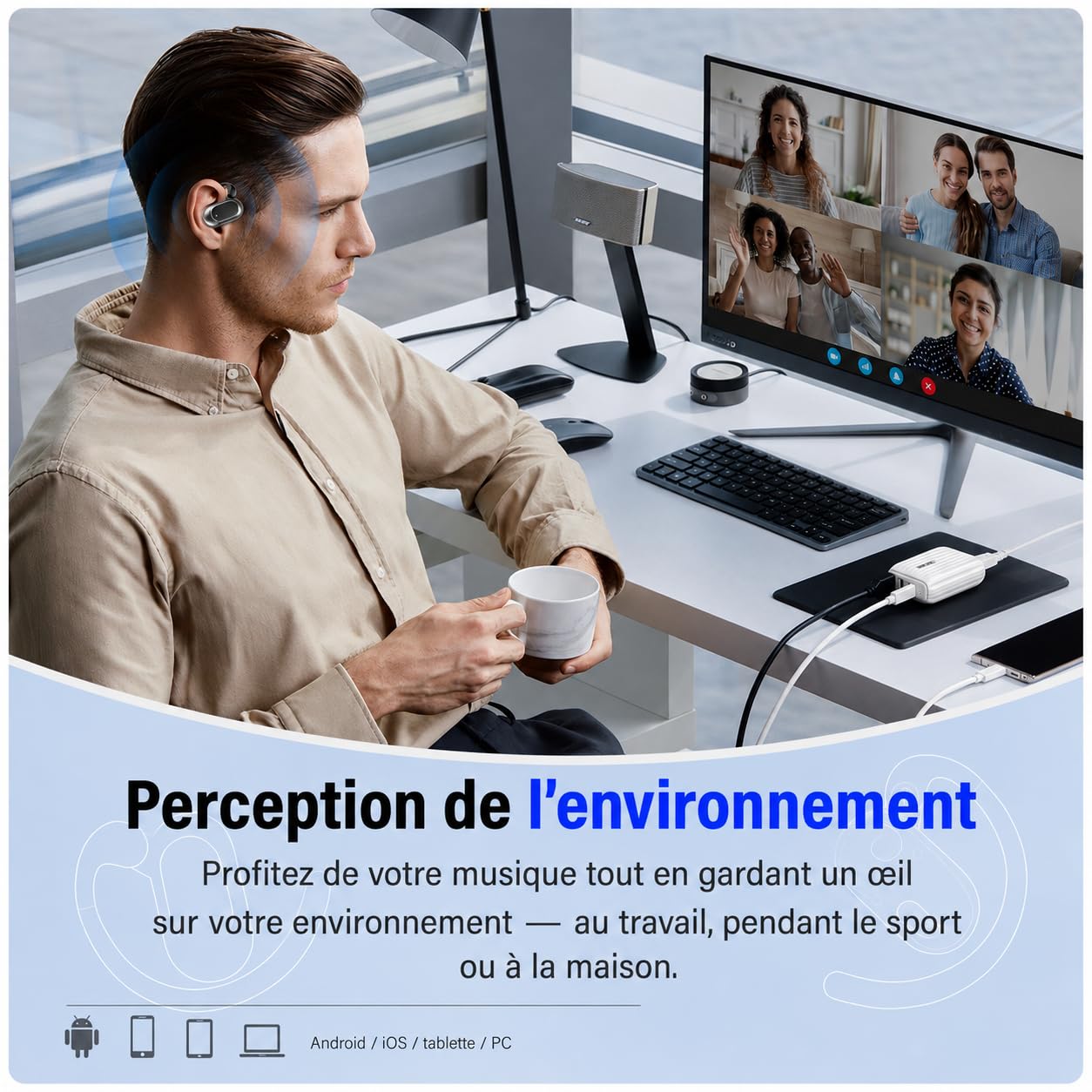 Écouteurs Bluetooth sans Ouverts, 2026 HiFi Écouteurs Bluetooth 5.4 à Conduction Aérienne, Oreillette sans Fil Sport avec 4 ENC Mic, IP7 Étanche Oreillette Bluetooth Android/iOS
