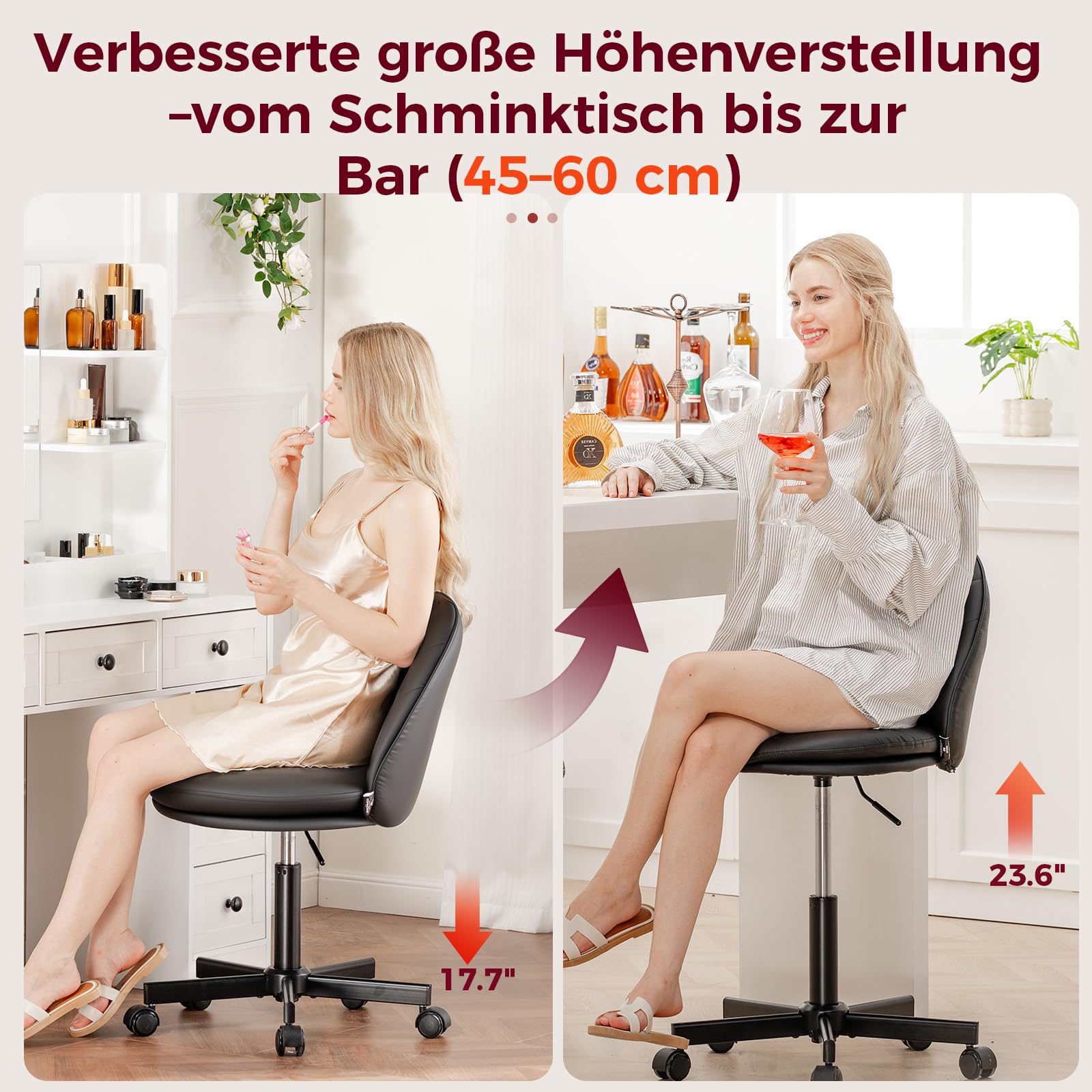 COMHOMA Homeoffice Stuhl, Schminkstuhl, Schreibtischstuhl ohne Armlehnen, Drehstuhl mit Rückenstütze, Bequemer Bürostuhl auf Rollen, Höhenverstellbarer Home Office Stuhl,Kunstleder schwarz
