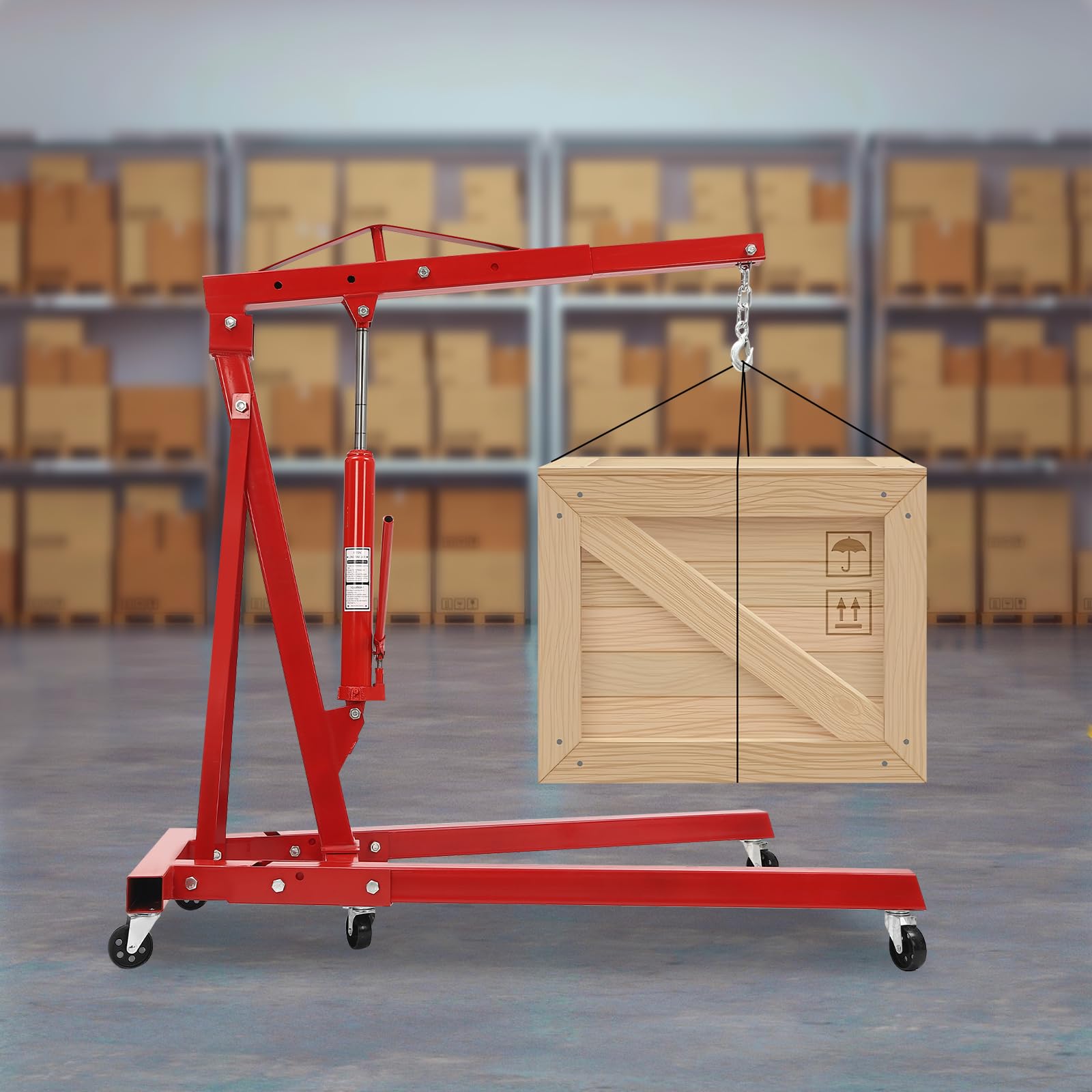 Grúa de elevación de motor 2T plegable, grúa de taller con ruedas, elevador hidráulico hasta 2,1 m de altura de elevación, elevador de carga de acero para garaje y taller (Rojo)