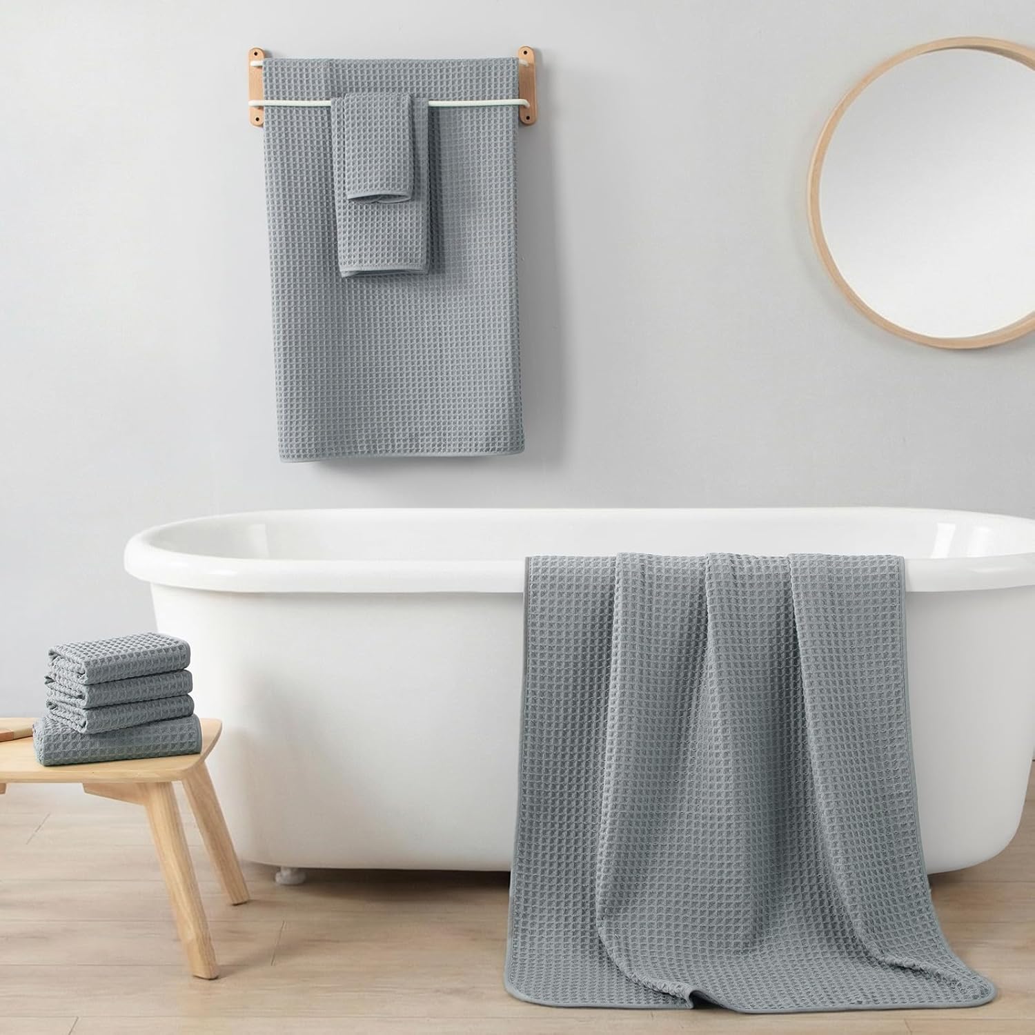 REDKISS 8 Pack Towel Set - Gray Microfiber Waffle Towels for Bathroom, Extra Large, Highly Absorbent, Quick Dry Bath Towel Set, Lint Free Bathroom Towels Set for Gym, Shower, Hotel and Spa