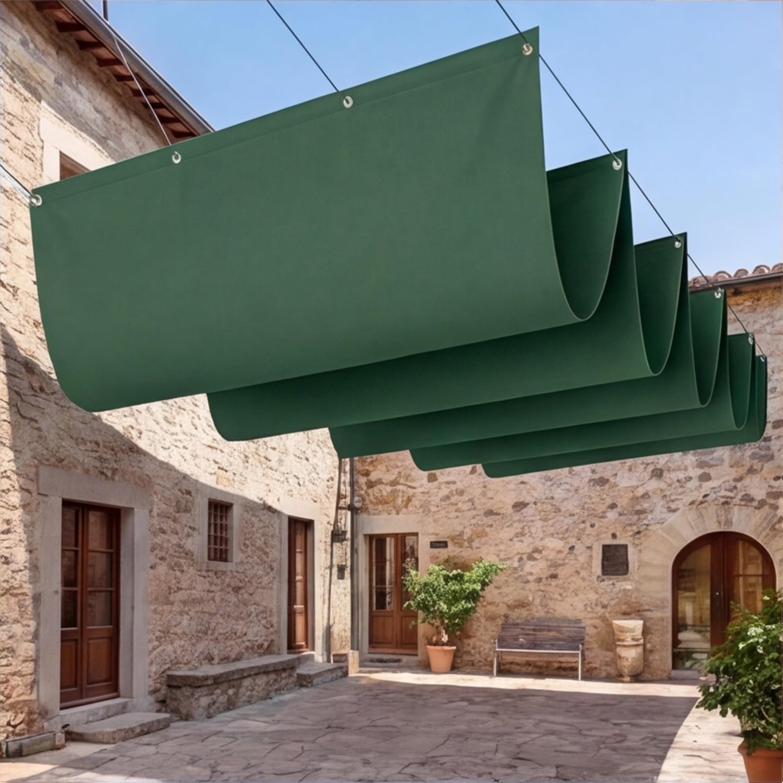 Wysuwany żagiel przeciwsłoneczny 100 x 360 cm, z oczkami i sznurkiem, na wymiar, pergola, ochrona przed promieniowaniem UV i rozerwanie, do ogrodu, na balkon, taras, ciemnozielony