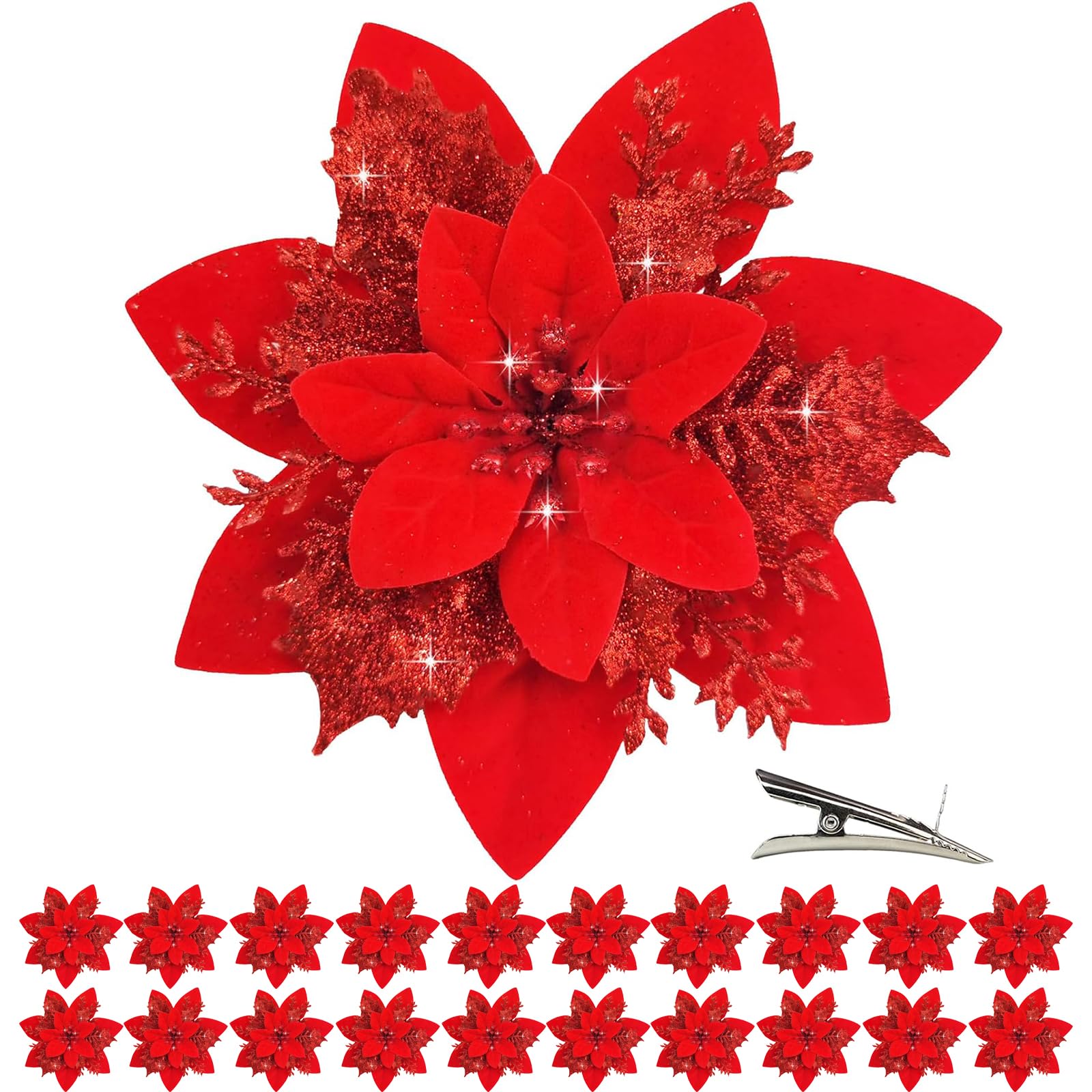 NINESPRING 20 Pcs Weihnachten Kunstblumen,Weihnachtsstern Künstlich Weihnachtsstern Blumen mit Clips,Kunstblumen Wie Echt für Weihnachten Hochzeitsfeier Neujahr, Rot(14CM)