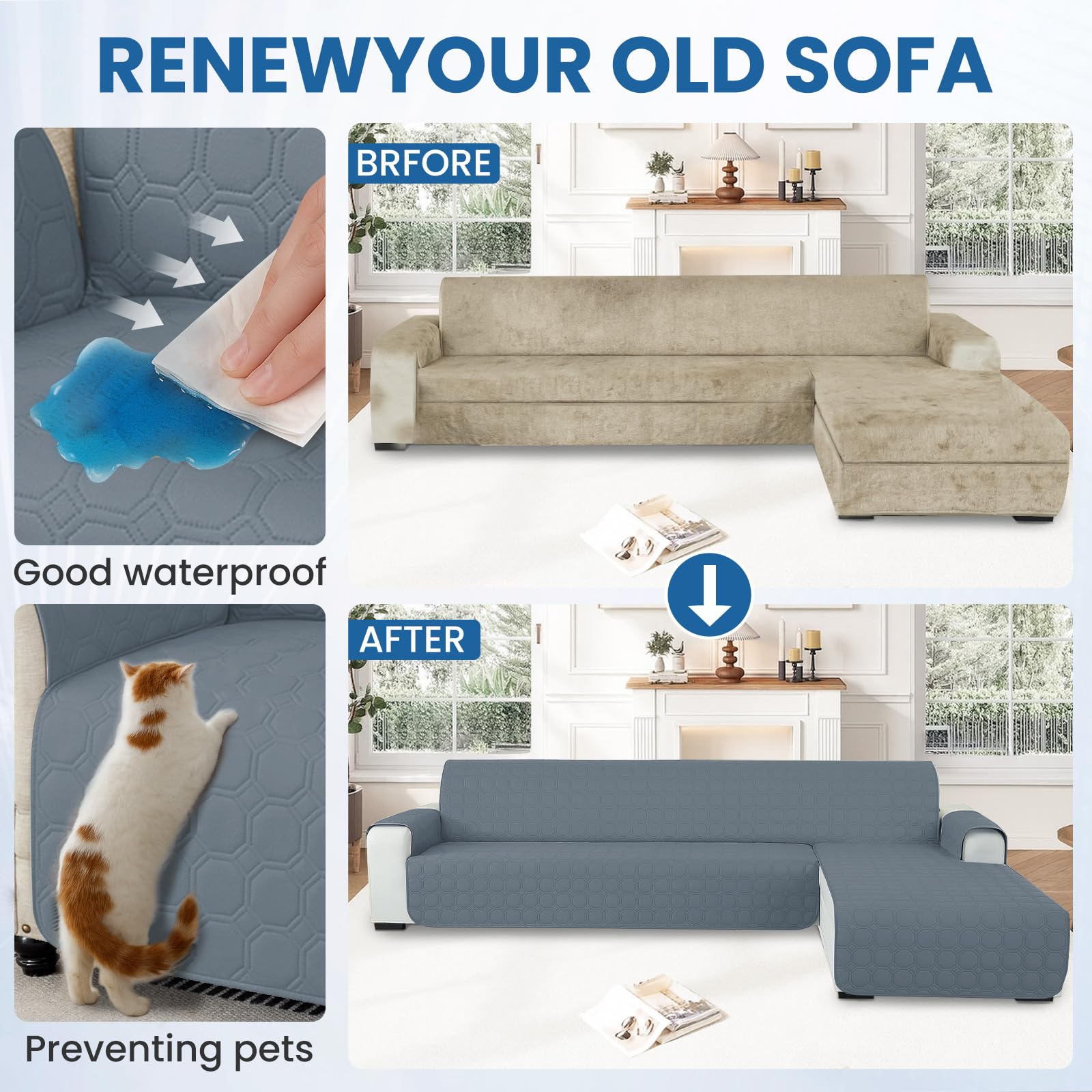 Ystyle Copridivano Impermeabile con Penisola 2 Posti (L 210 CM), Copridivano Angolare Destra/Sinistra Universale Reversibile, Copridivano Chaise longue Antigraffio Antimacchia, Blu Grigio