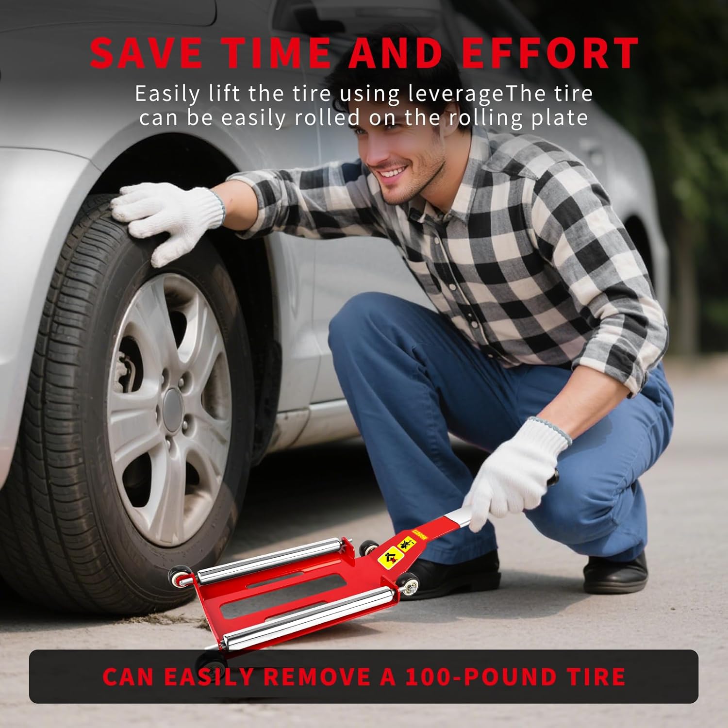 Portable Effortless Tire Jack Tool with Roller Plate and Ramp, Removable Handle with Screw [ Roller Plate + Separate Ramp Version ]