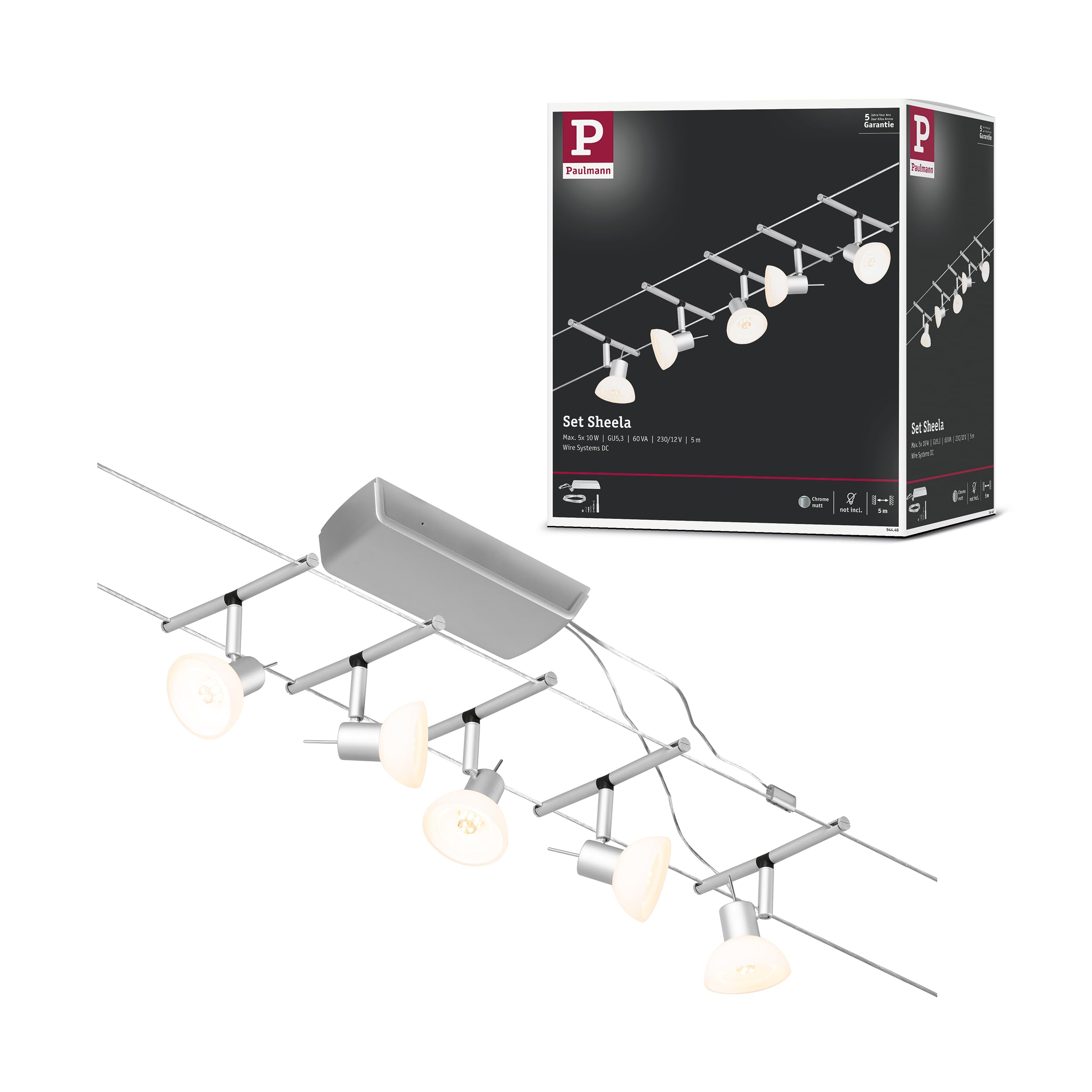 Paulmann 94448 CorDuo Set Système de Câbles Sheela DC 5 x 10 watts max, Éclairage Extensible Chrome Mat Câble Matière Plastique GU5,3 Système de Câbles sans Ampoules