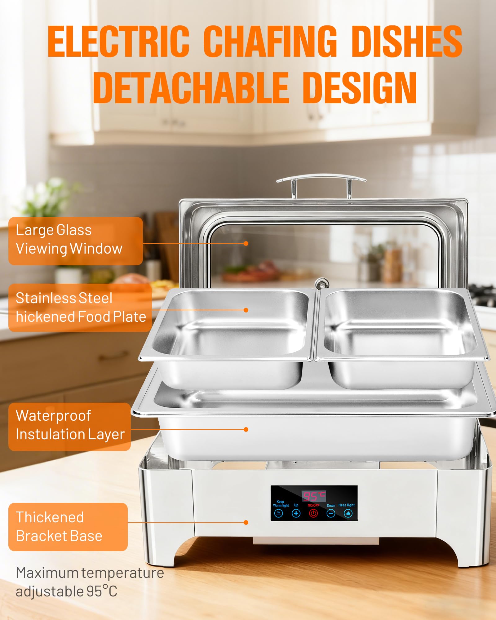 Chafing Dish Elektrisch, 9L Professioneller Speisenwärmer, Buffetwärmer mit Touchscreen Temperaturregelung und Glas Sichtschutzabdeckung, Edelstahl Warmhaltebehälter für Buffet und Party