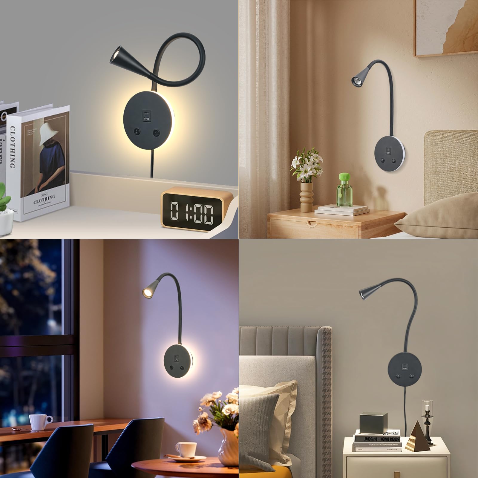 Buchlichter zum Lesen in der Nacht, LED Wandmontage-Leselicht, flexible Schwanenhals-Wandlampen für Schlafzimmer, Plug-in-Wandleuchten mit USB-Aufladung, Nachttisch-Wandleuchten, fokussierte Bettlampe