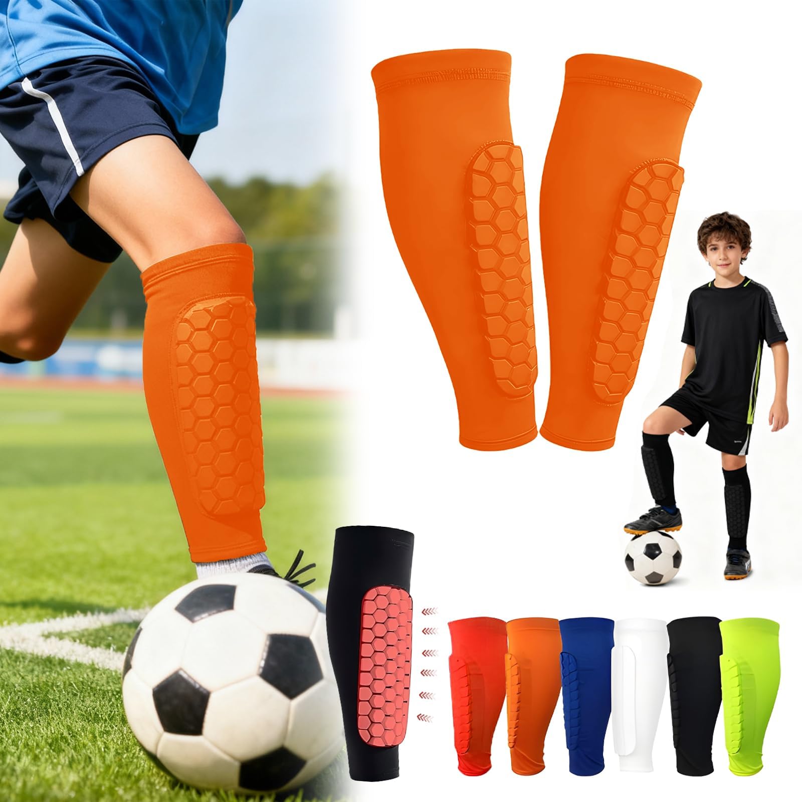 Football Shin Pads Guards for Boys Girls, Shin Guards for Defender Honeycomb Compression Sleeve for Superior Impact Absorption, Elastic Breathable Knit, Lightweight Comfortable Fit Soccer (Orange, M)