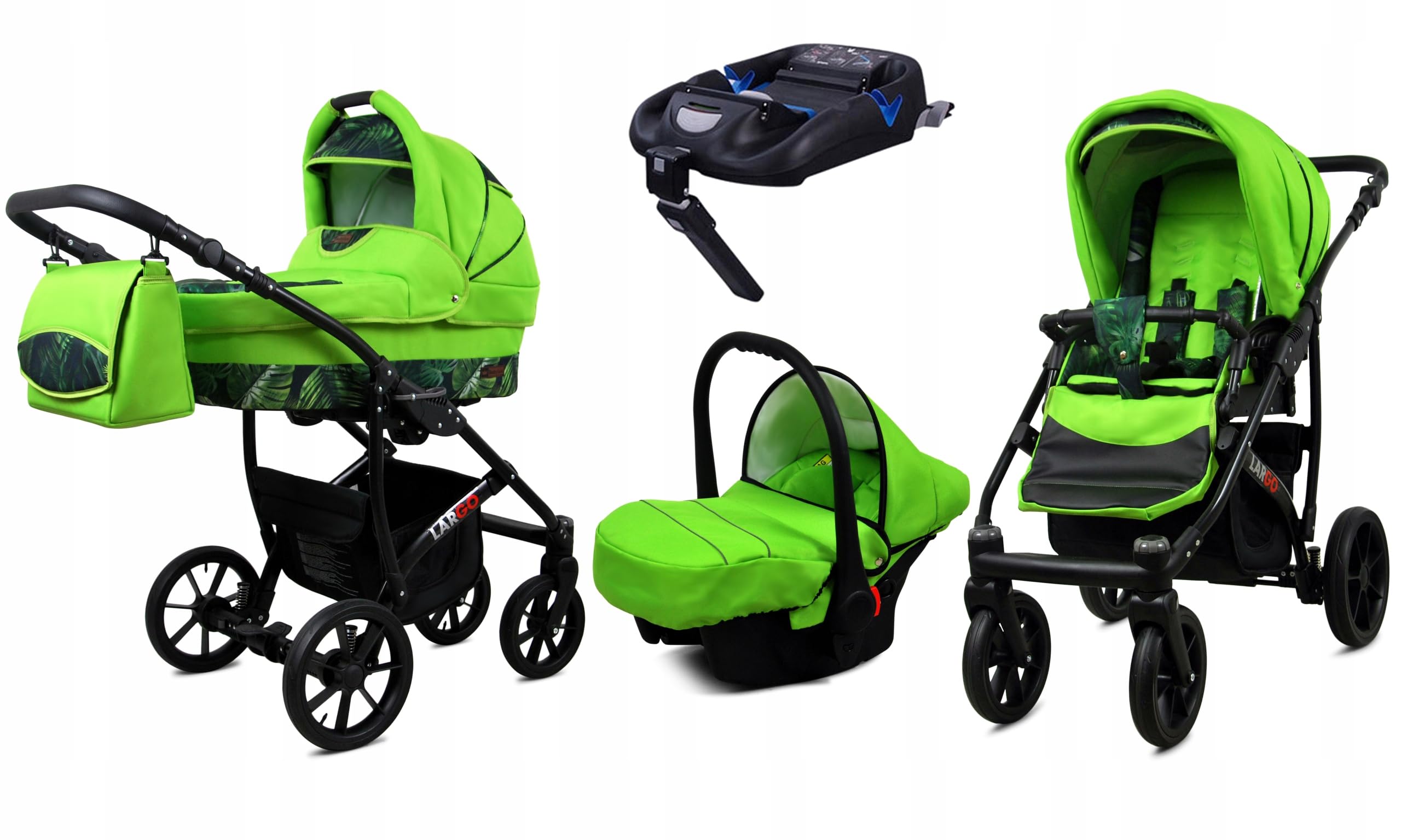BabyLux Zestaw wózków dziecięcych 4 w 1 – Largo – w zestawie wanienka dla niemowląt, fotelik sportowy, fotelik samochodowy, stacja bazowa ISOFIX – fotelik samochodowy – zestaw wózków dziecięcych