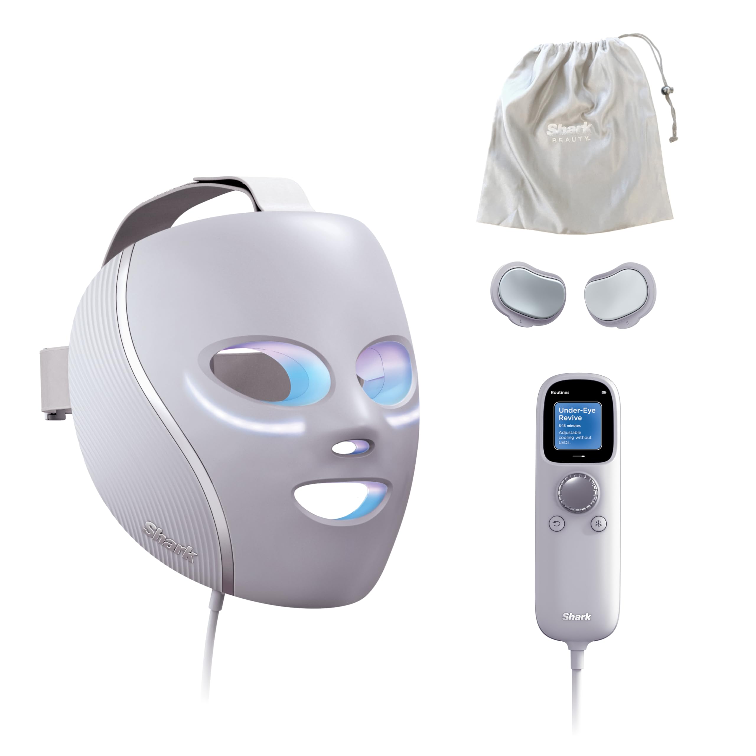 SharkCryoGlow LED Face Mask with Under-Eye Cooling, Anti-Ageing & Blemish Repair, Red & Blue LED, Infrared Light Therapy, USB-C, Remote Control, Storage Bag, Adjustable Straps