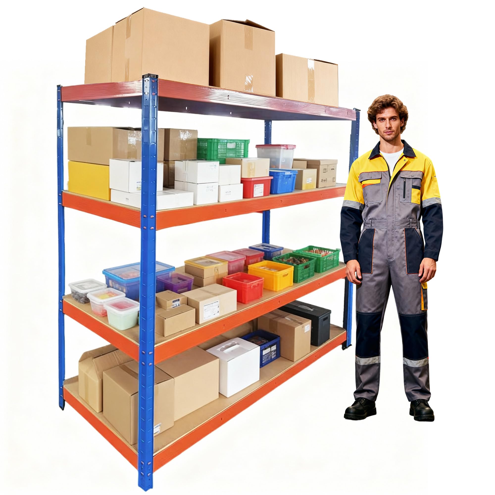 Professional Heavy-Duty Garage Shelving Unit – 4-Tier Boltless Steel Storage Rack with 9mm MDF Shelves, 400kg Per Shelf, 1600kg Total Capacity, Industrial Strength(Blue+Orange, 180X60X180) — image 1
