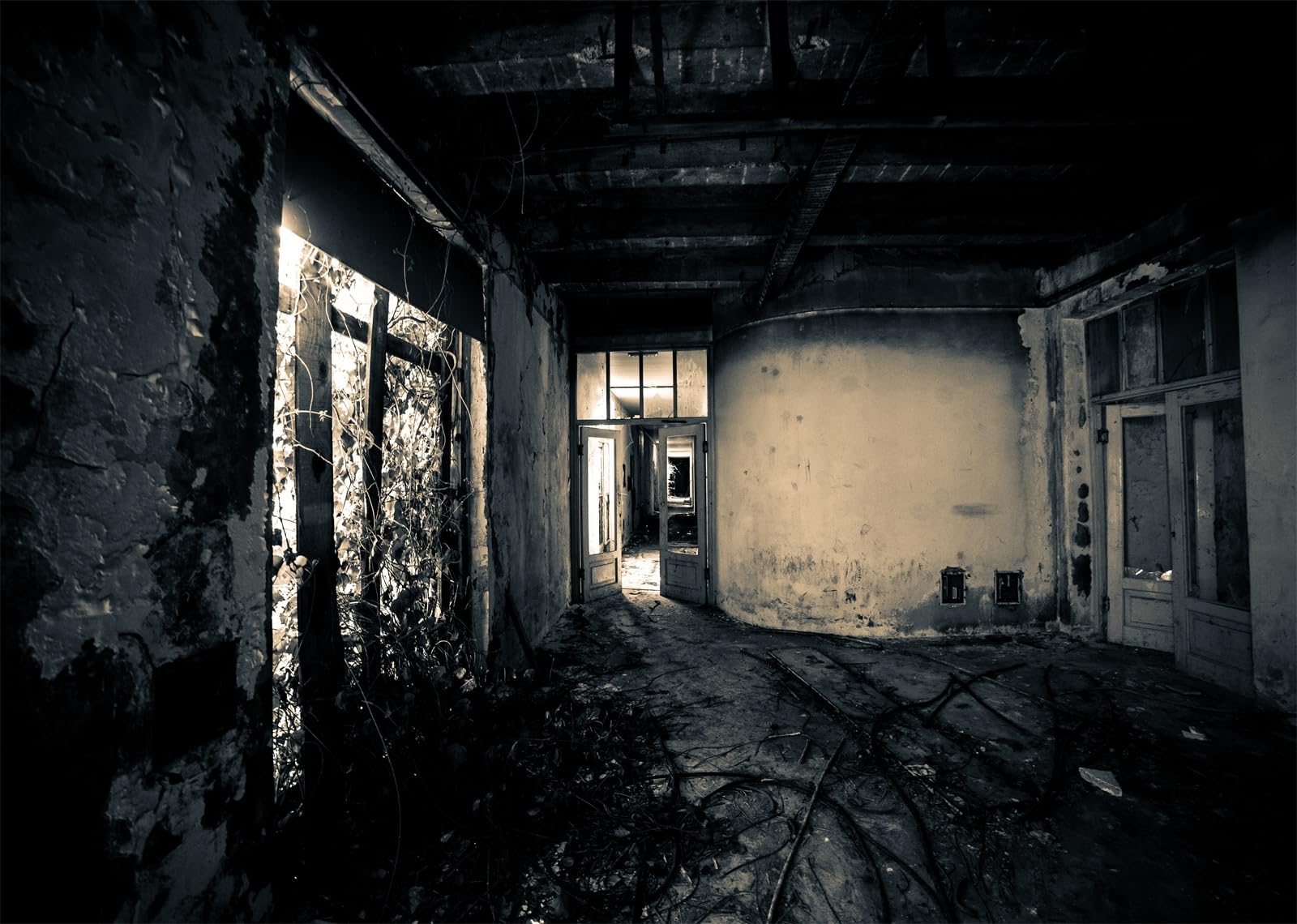 15x8FT (4.6x2.5m) Interno Abbandonato In Bianco E Nero Sfondo Fotografico | Stanza Buia Diroccata Fondale In Tessuto,Pavimento Rotto Pareti Danneggiate,Per Eventi Infestati E Foto Horror,Photo Booth