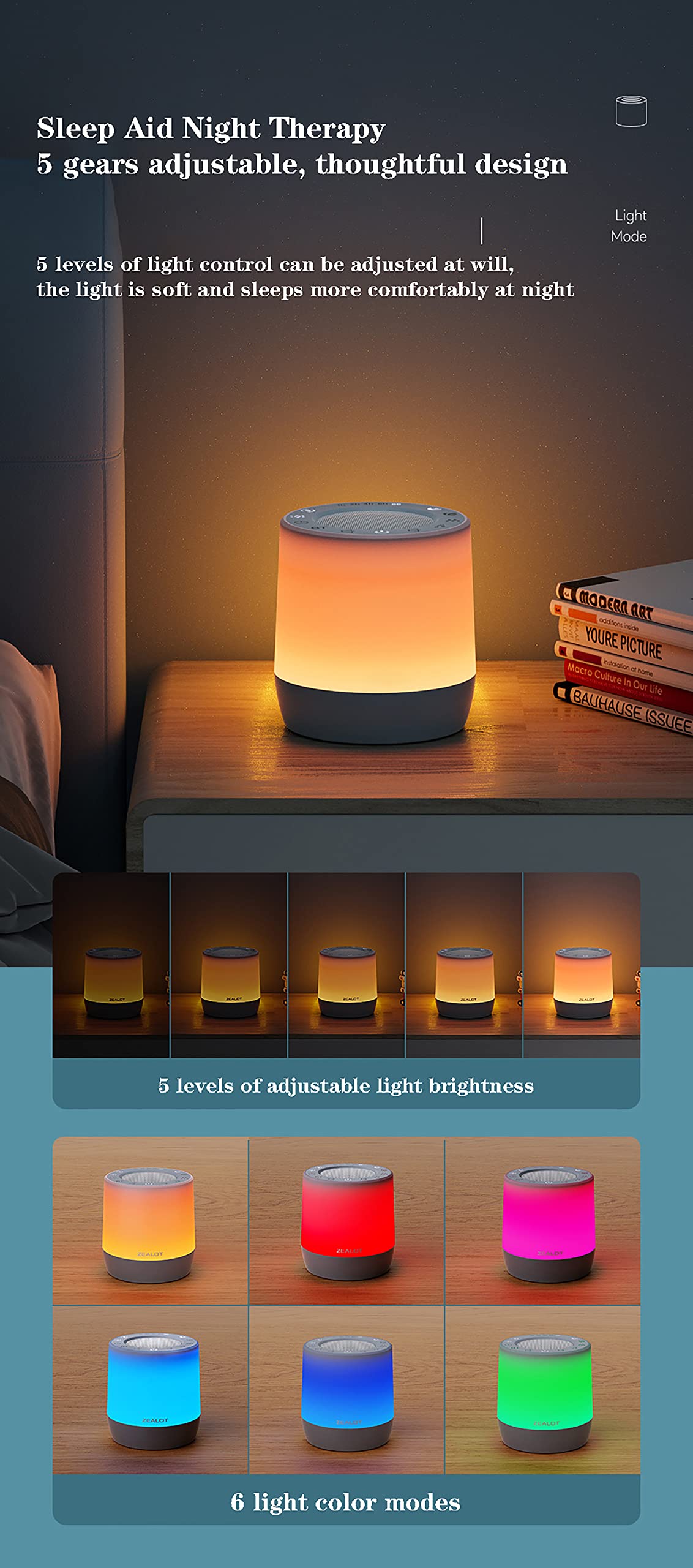 Macchina per Dormire con Rumore Bianco, 16 Suoni Naturali rilassanti, con Luce Notturna a 6 Colori e 5 Livelli di luminosità Regolabile, Suoni HiFi e 5 Timer