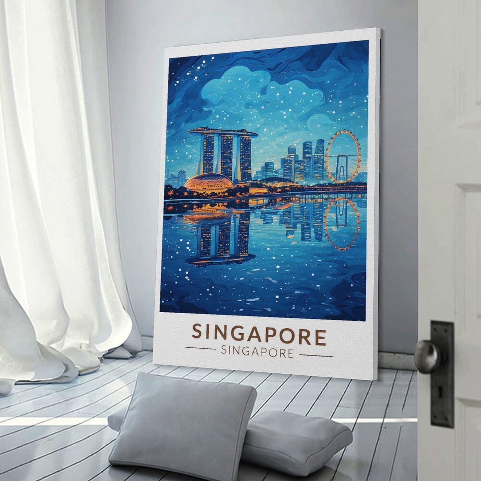 Junmoney Room Decor Wall Art Singapore Skyline Reflection, 24x36inch(60x90cm), for Flats, Guest Rooms Or Compact Rooms, Wall Decor with Flexible Room Appeal