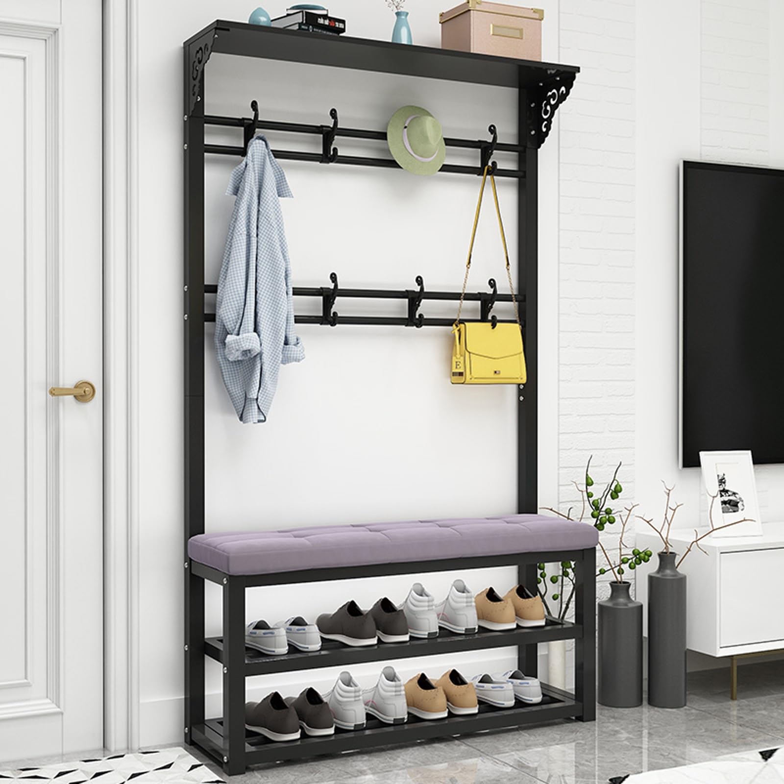 GHFXSCV Metal Entryway Coat Rack & Shoe Bench with Comfortable Cush - Perfect for Mudroom & Hallway - Space-Saving Fur (100x30x172cm, Gray)