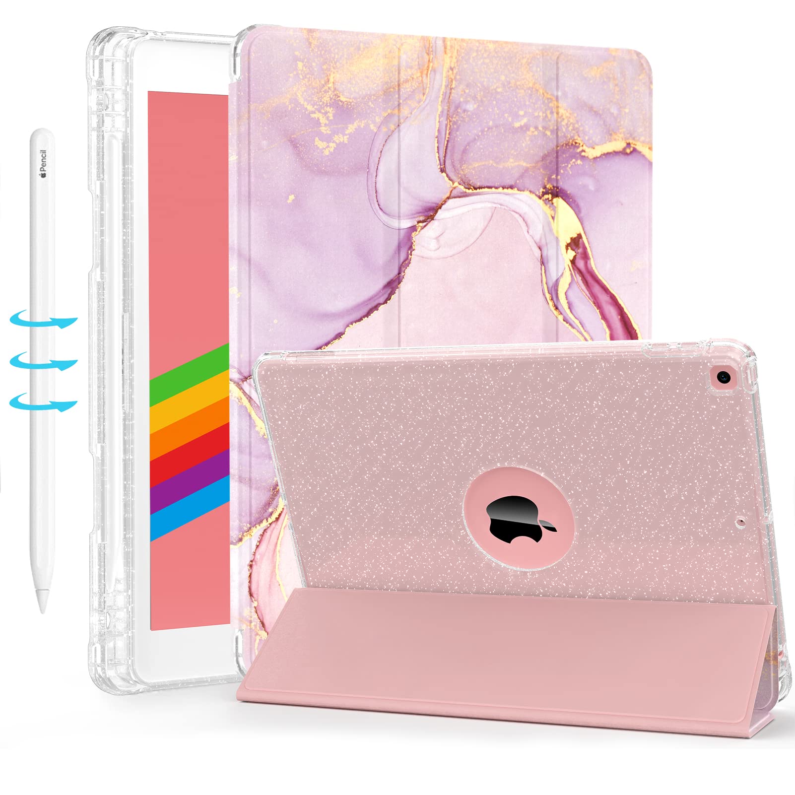 sevrokiPad 8th / 7th Generation Case with Apple Pencil Holder, Glitter Sparkly Cover, Shiny Clear Back, Smart Sleep/Wake Function Full Body Protective Folio Case for iPad 10.2-inch (Painting)
