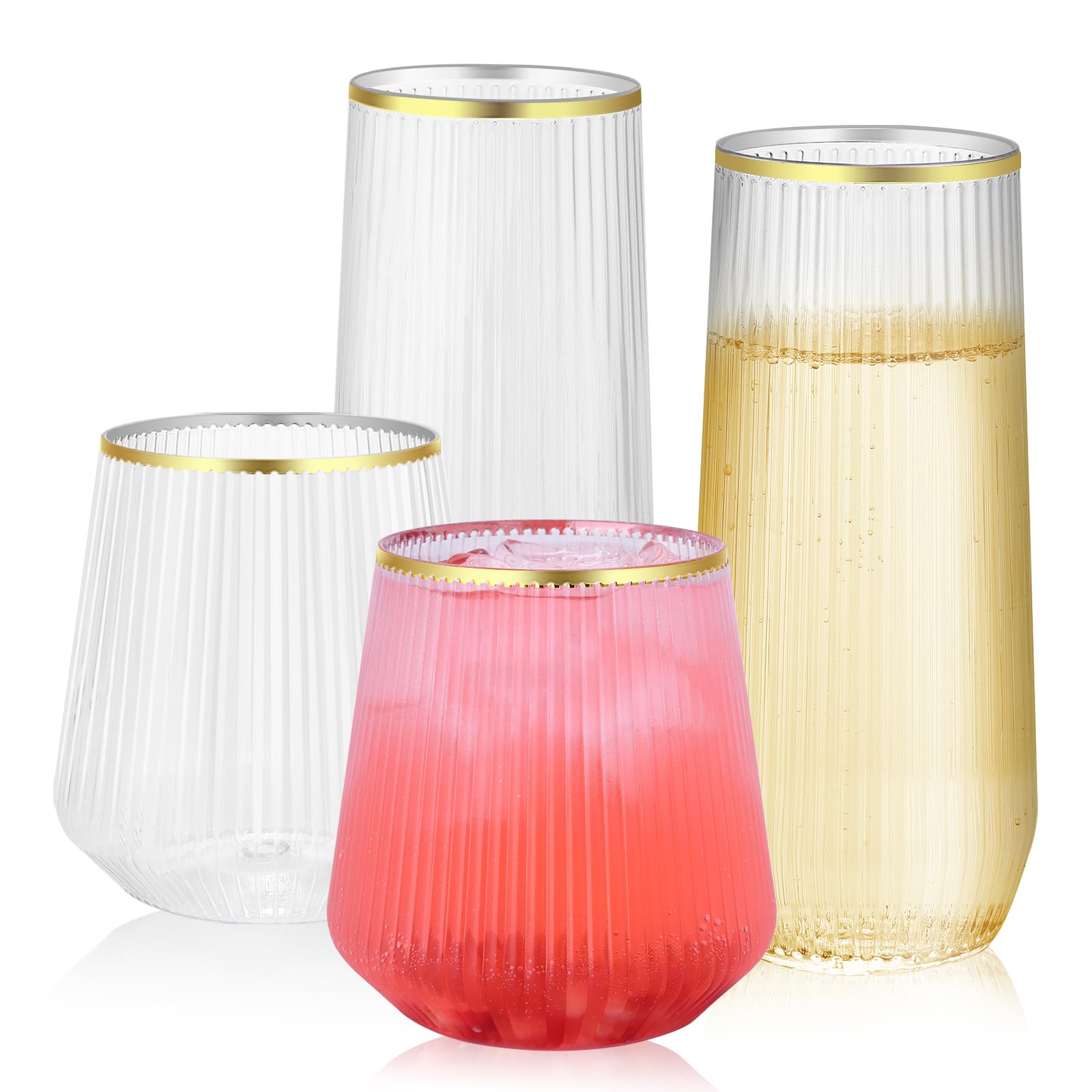 48 Pack Ribbed Plastic Wine Glasses – 24 x 9oz Stemless Champagne Flutes & 24 x 12oz Disposable Wine Glasses – Elegant Disposable Plastic Cups with Gold Rim – BPA-Free Drinkware for Weddings, Parties