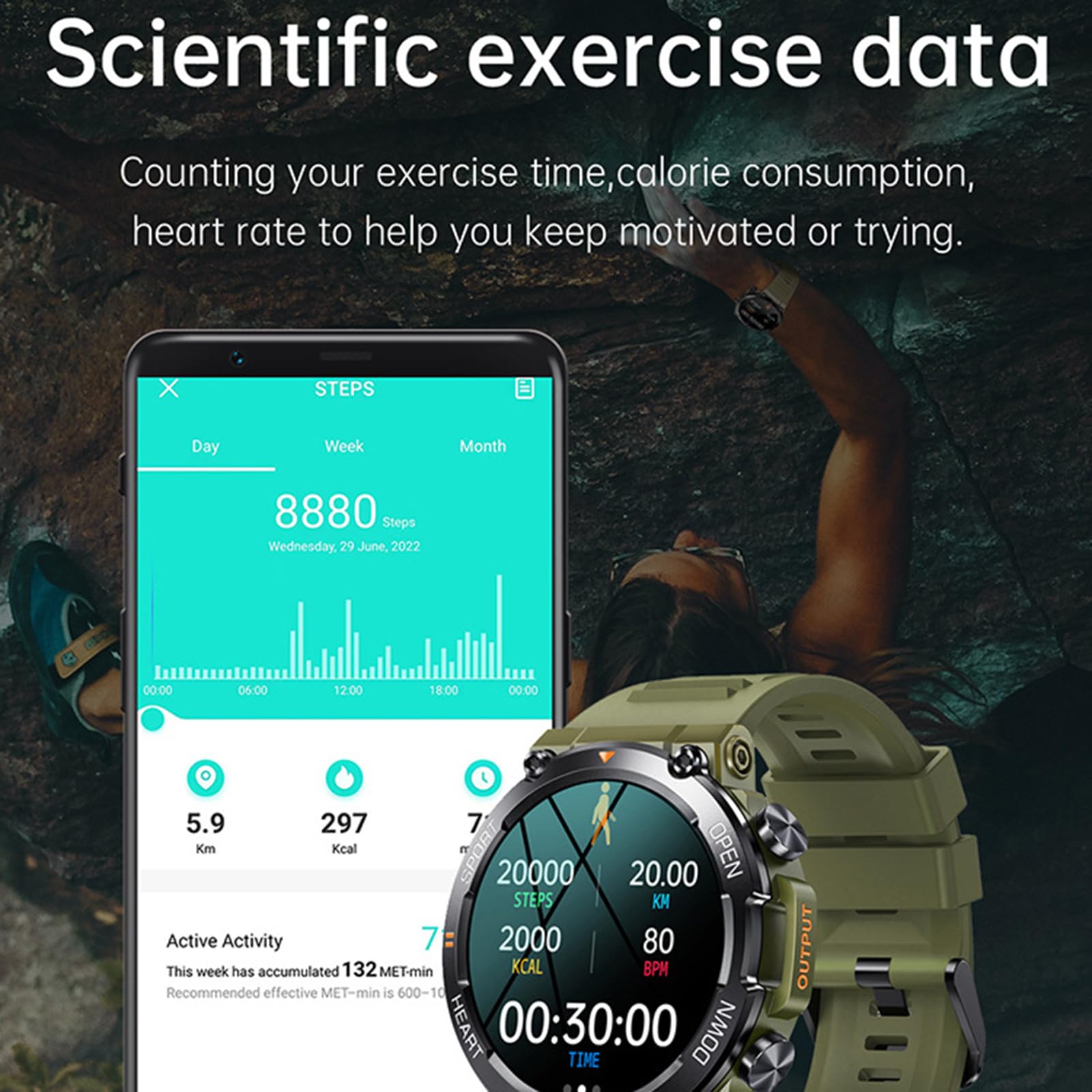 Inteligentny zegarek dla mężczyzn Połączenie Bluetooth IP67 Wodoodporny zegarek do fitnessu z czujnikiem tętna, odkryty wojskowy sport Kalorie Krokomierz Smartwatch dla iOS Android